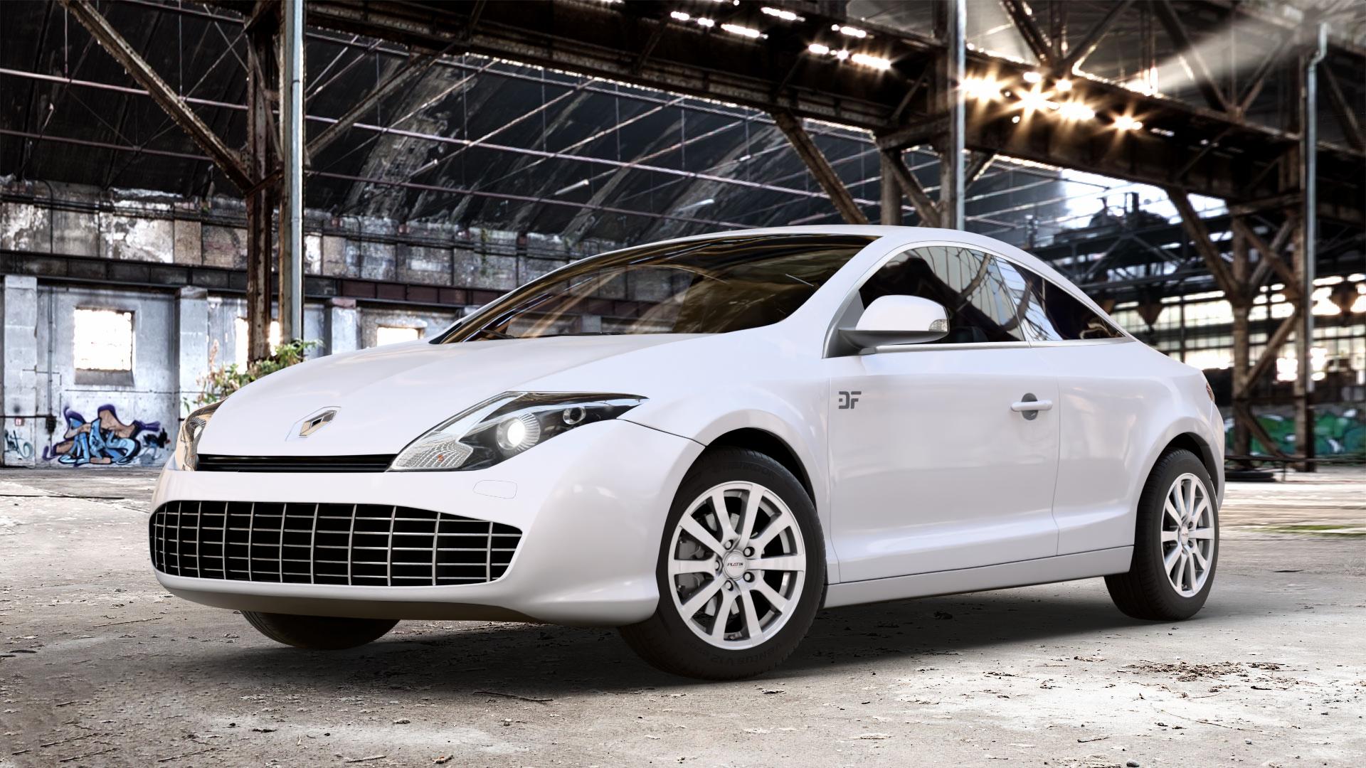 Platin Wheels P 58 silber Felge mit Reifen in 16Zoll Winterfelge Alufelge auf weissem Renault Laguna III Coupé Typ T ⬇️ mit 15mm Tieferlegung ⬇️ Old Industrial Hall_max_4400mm_2024 Frontansicht_1