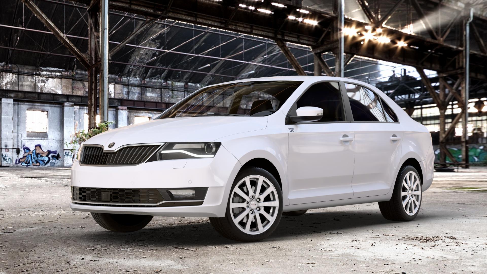 Platin Wheels P 58 silber Felge mit Reifen in 16Zoll Winterfelge Alufelge auf weissem Skoda Rapid Typ NH Facelift ⬇️ mit 15mm Tieferlegung ⬇️ Old Industrial Hall_max_4400mm_2024 Frontansicht_1