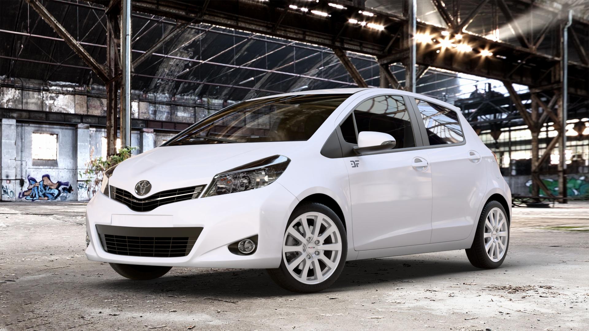 Platin Wheels P 58 silber Felge mit Reifen in 16Zoll Winterfelge Alufelge auf weissem Toyota Yaris III Typ XP13 Facelift 17-> ⬇️ mit 15mm Tieferlegung ⬇️ Old Industrial Hall_max_4400mm_2024 Frontansicht_1