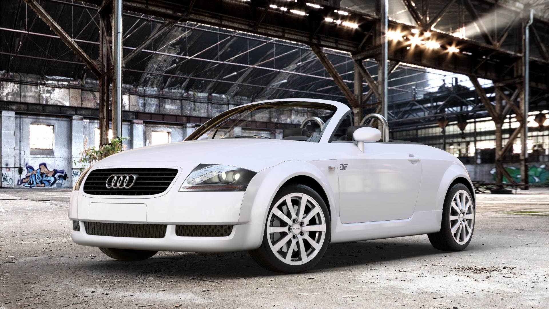 Platin Wheels P 58 silber Felge mit Reifen in 17Zoll Winterfelge Alufelge auf weissem Audi TT I Typ 8N (Roadster) 1,8l T 110kW (150 PS) 120kW (163 132kW (179 140kW (190 quattro 165kW (224 3,2l VR6 184kW (250 ⬇️ mit 15mm Tieferlegung ⬇️ Old Industrial Hall_max_4400mm_2024 Frontansicht_1