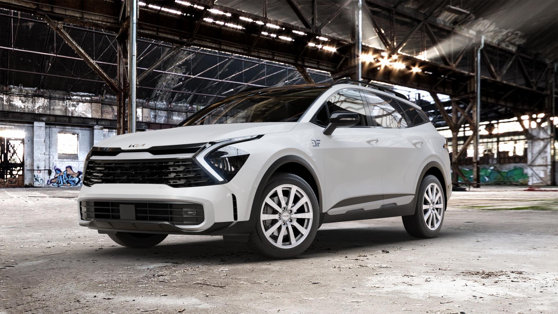 Platin Wheels P 58 silber Felge mit Reifen in 18Zoll Winterfelge Alufelge auf weissem Kia Sportage V Typ NQ5e ⬇️ mit 15mm Tieferlegung ⬇️ Old Industrial Hall_max_5300mm_2024 Frontansicht_1