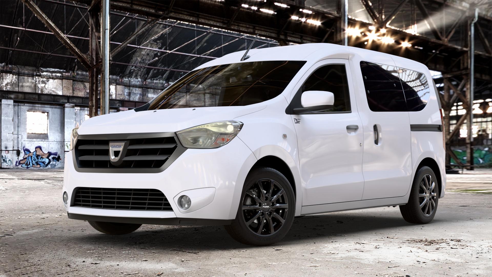 Platin Wheels P 69 black shiny Felge mit Reifen schwarz in 15Zoll Winterfelge Alufelge auf weissem Dacia Dokker Typ SD 1,2l 16V 115 85kW (116 PS) 1,5l dCi 75 55kW (75 90 66kW (90 1,6l MPI 85 61kW (83 LPG Facelift ⬇️ mit 15mm Tieferlegung ⬇️ Old Industrial Hall_max_4400mm_2024 Frontansicht_1
