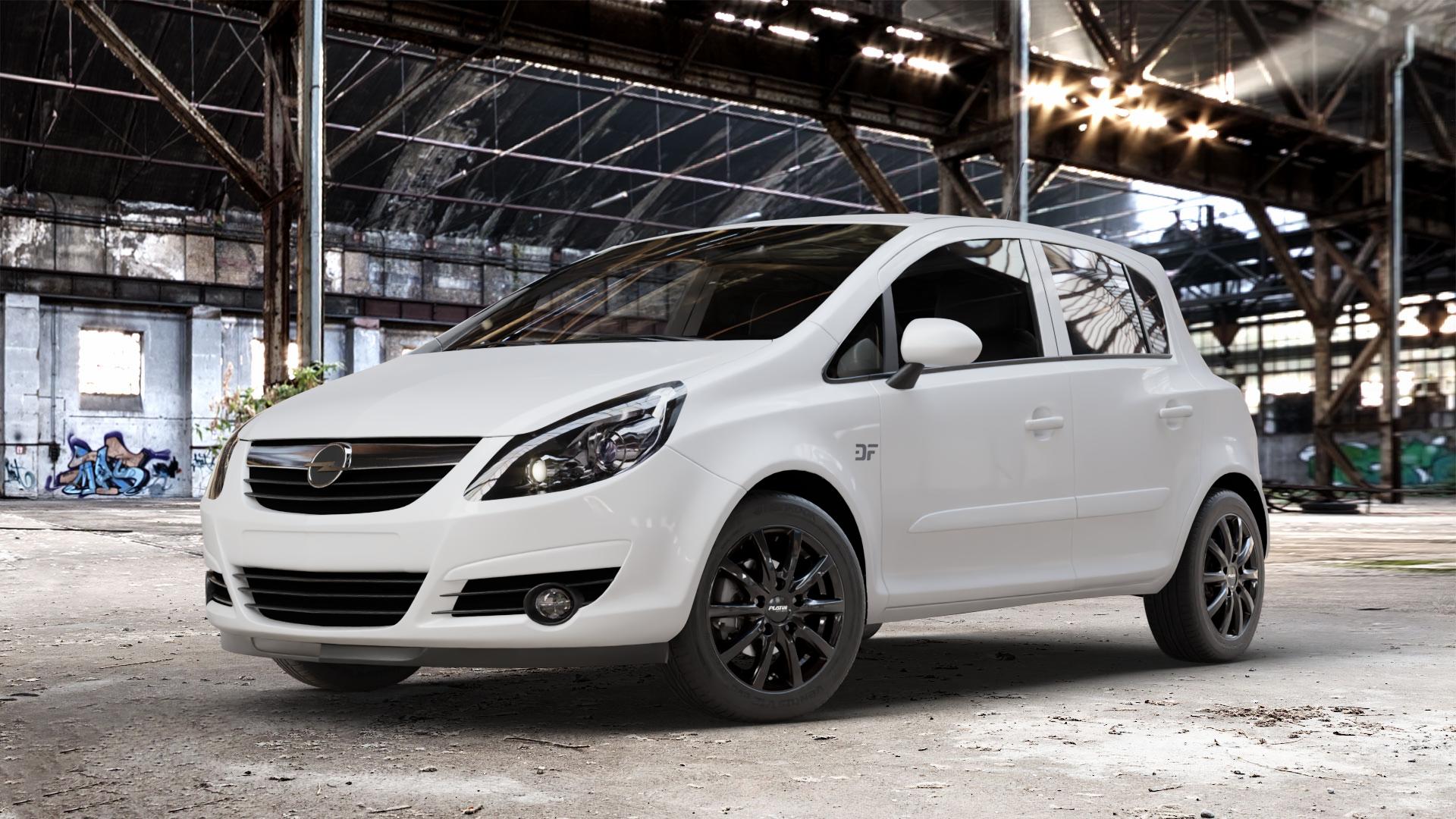 Platin Wheels P 69 black shiny Felge mit Reifen schwarz in 15Zoll Winterfelge Alufelge auf weissem Opel Corsa D Typ S-D ⬇️ mit 15mm Tieferlegung ⬇️ Old Industrial Hall_max_4400mm_2024 Frontansicht_1