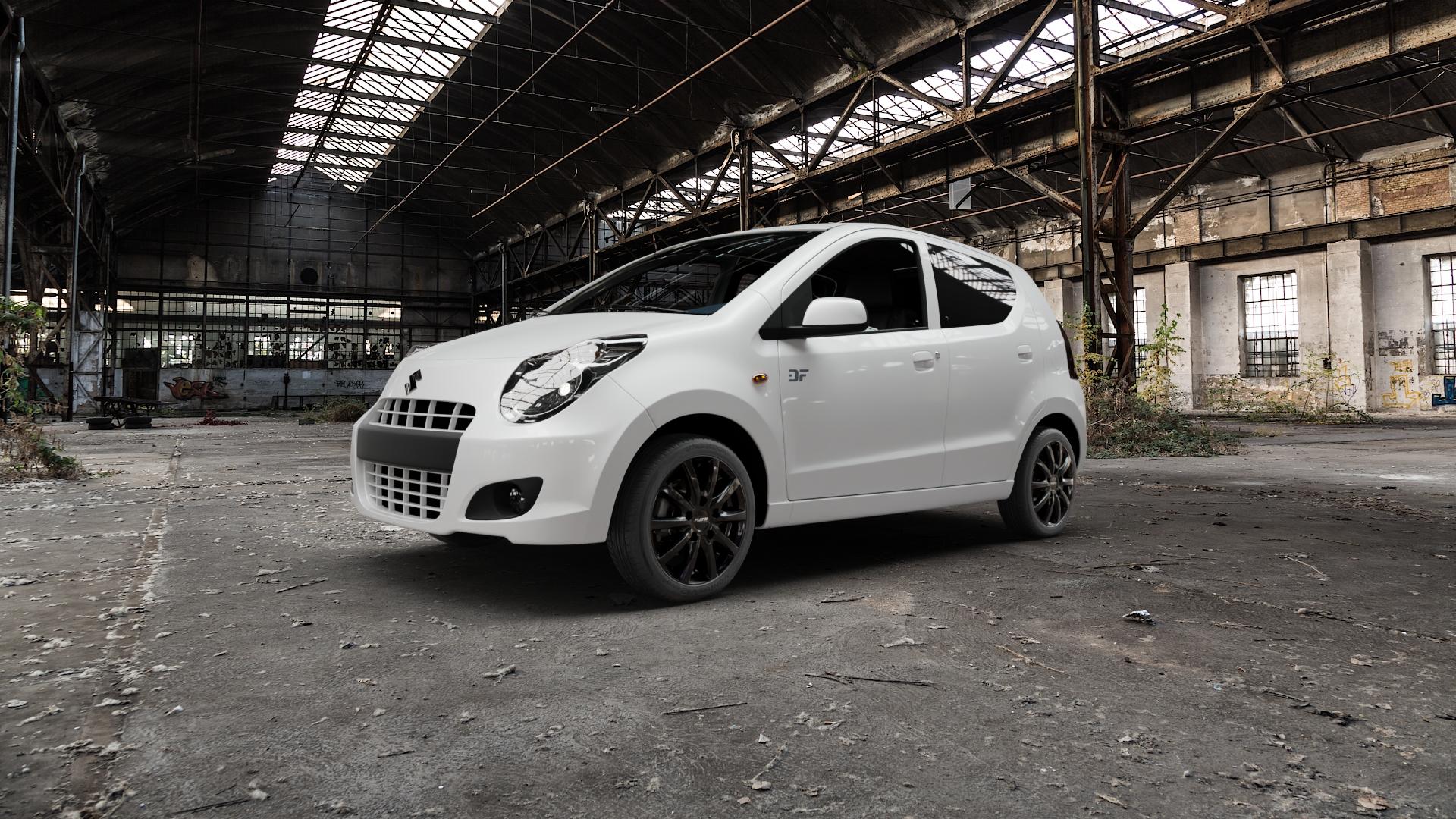 Platin Wheels P 69 black shiny Felge mit Reifen schwarz in 15Zoll Winterfelge Alufelge auf weissem Suzuki Alto Typ GF ⬇️ mit 15mm Tieferlegung ⬇️ Old Industrial Hall_max5000mm_2022 Frontansicht_1