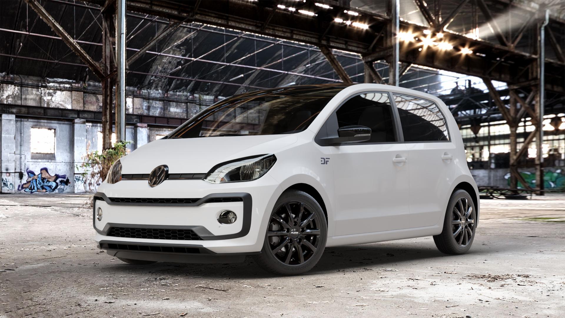 Platin Wheels P 69 black shiny Felge mit Reifen schwarz in 15Zoll Winterfelge Alufelge auf weissem Volkswagen (VW) UP Facelift ⬇️ mit 15mm Tieferlegung ⬇️ Old Industrial Hall_max_4400mm_2024 Frontansicht_1