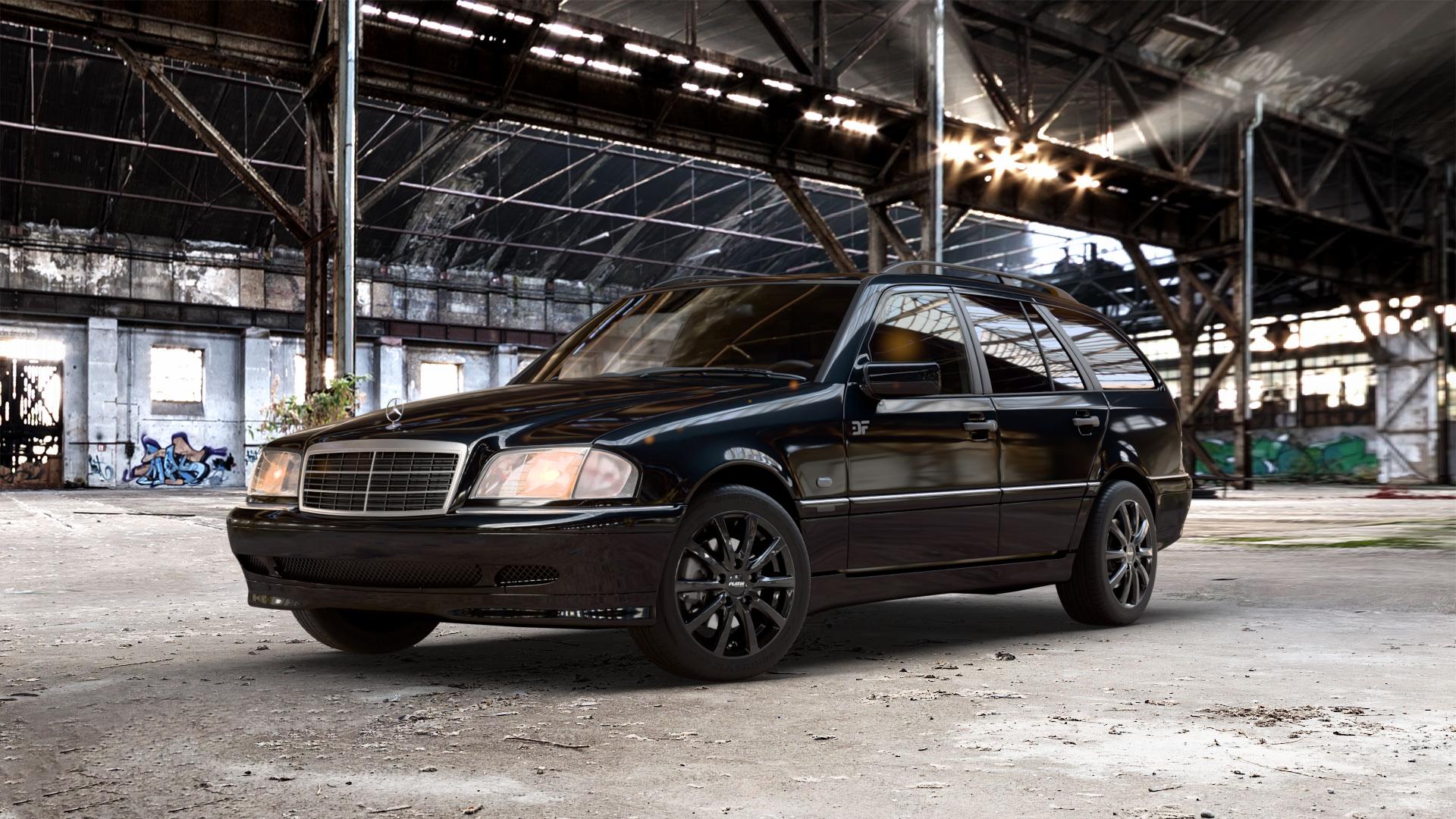 Platin Wheels P 69 black shiny Felge mit Reifen schwarz in 16Zoll Winterfelge Alufelge auf metallic schwarzem Mercedes C-Klasse Typ S202 Kombi ⬇️ mit 15mm Tieferlegung ⬇️ Old Industrial Hall_max_5300mm_2024 Frontansicht_1