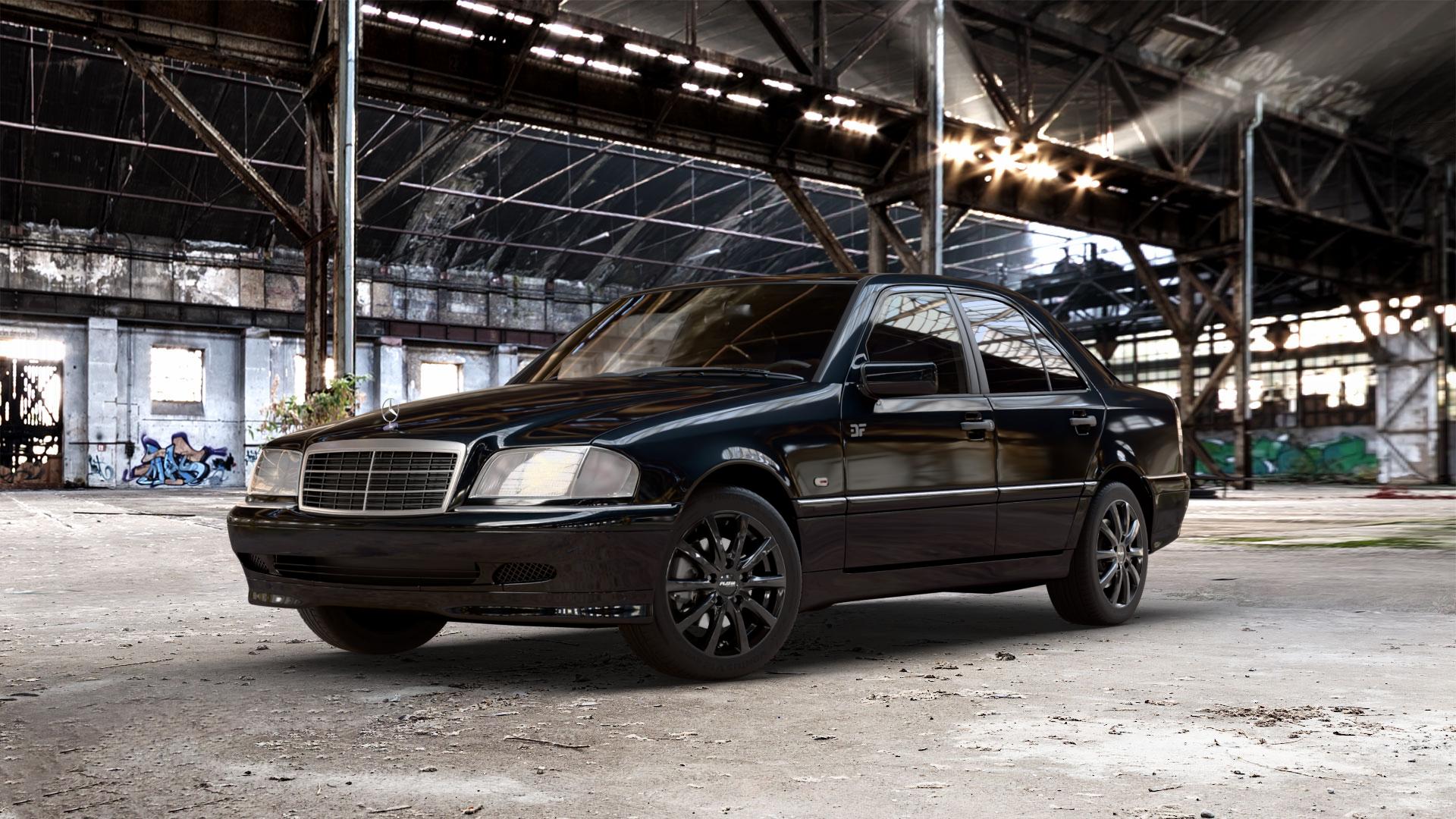 Platin Wheels P 69 black shiny Felge mit Reifen schwarz in 16Zoll Winterfelge Alufelge auf metallic schwarzem Mercedes C-Klasse Typ W202 Limousine ⬇️ mit 15mm Tieferlegung ⬇️ Old Industrial Hall_max_5300mm_2024 Frontansicht_1