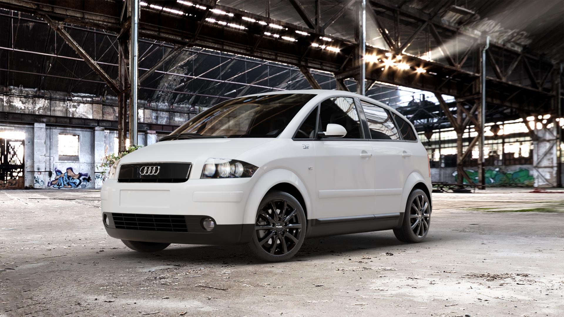 Platin Wheels P 69 black shiny Felge mit Reifen schwarz in 16Zoll Winterfelge Alufelge auf weissem Audi A2 ⬇️ mit 15mm Tieferlegung ⬇️ Old Industrial Hall_max_5300mm_2024 Frontansicht_1