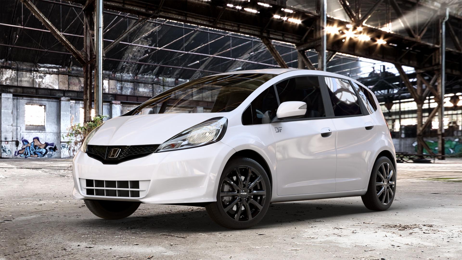 Platin Wheels P 69 black shiny Felge mit Reifen schwarz in 16Zoll Winterfelge Alufelge auf weissem Honda Jazz III Facelift (GG, GE) 1,4l i-VTEC 73kW GG6 (99 PS) GE6 GG3 1,2l 66kW GG1 (90 GG5 GG2 1,3l IMA Hybrid 65kW GP1 (88 ⬇️ mit 15mm Tieferlegung ⬇️ Old Industrial Hall_max_4400mm_2024 Frontansicht_1