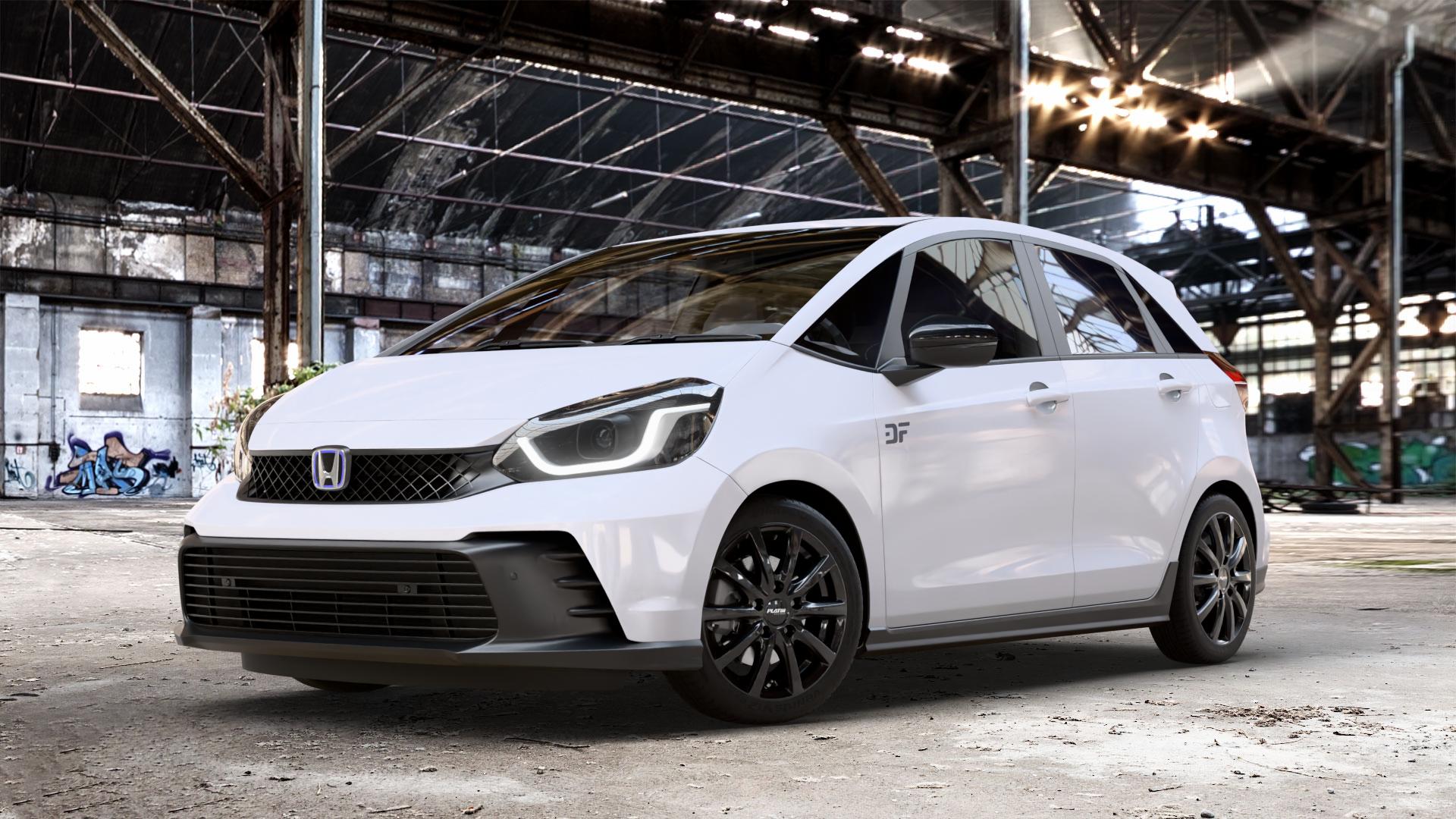 Platin Wheels P 69 black shiny Felge mit Reifen schwarz in 16Zoll Winterfelge Alufelge auf weissem Honda Jazz V (GR) Facelift 1,5l e:HEV 79kW Mild-Hybrid (107 PS) ⬇️ mit 15mm Tieferlegung ⬇️ Old Industrial Hall_max_4400mm_2024 Frontansicht_1