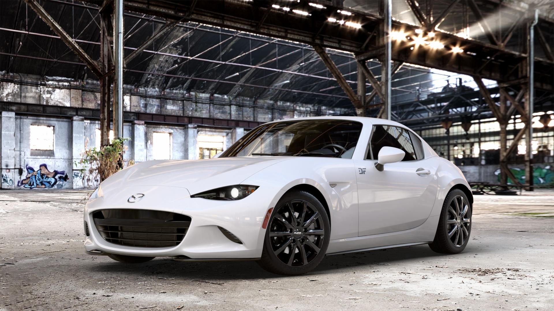 Platin Wheels P 69 black shiny Felge mit Reifen schwarz in 16Zoll Winterfelge Alufelge auf weissem Mazda MX-5 IV RF (ND) ⬇️ mit 15mm Tieferlegung ⬇️ Old Industrial Hall_max_4400mm_2024 Frontansicht_1