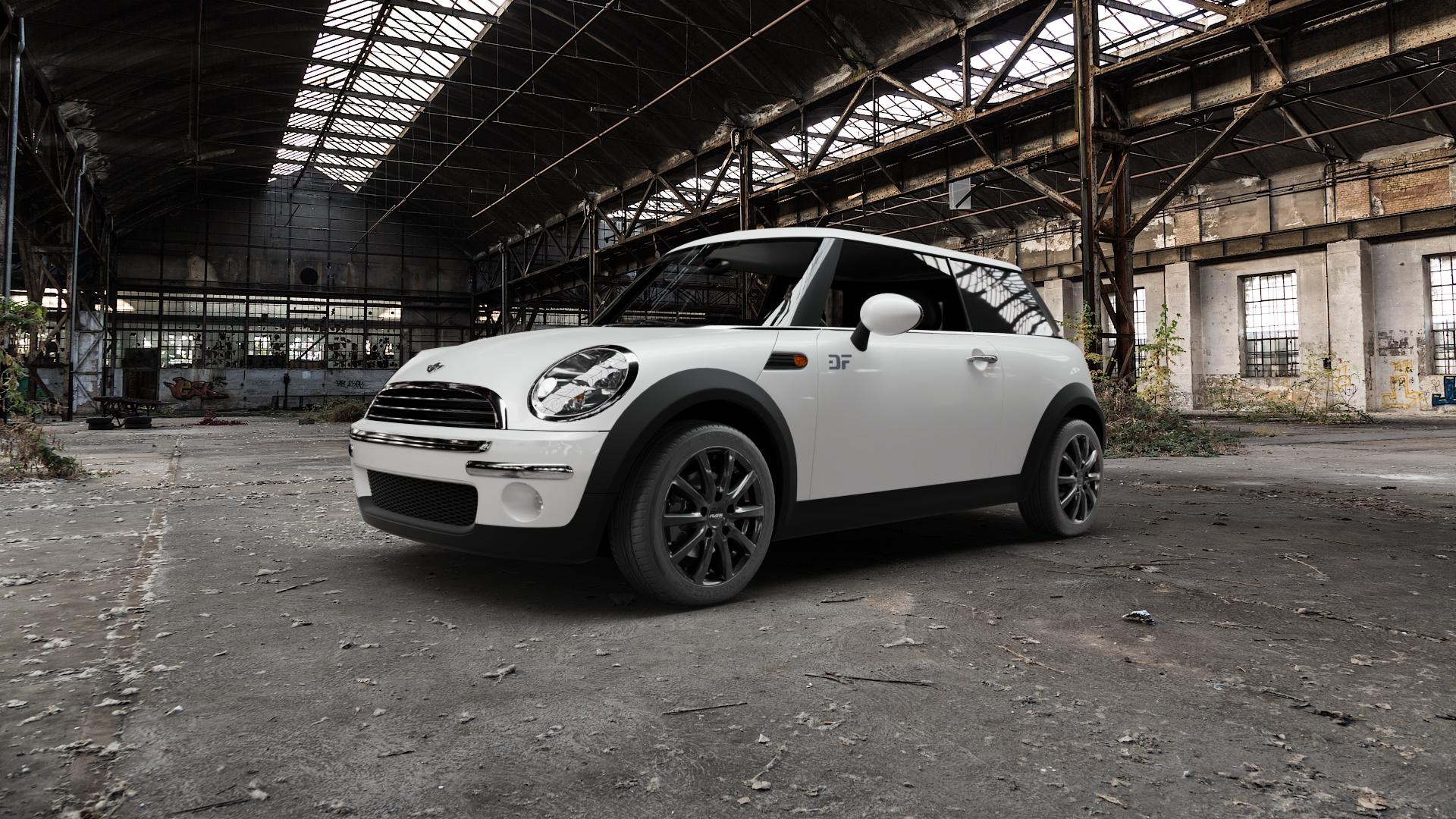 Platin Wheels P 69 black shiny Felge mit Reifen schwarz in 16Zoll Winterfelge Alufelge auf weissem Mini R50/53 Typ MINI, MINI-N (Limousine) ⬇️ mit 15mm Tieferlegung ⬇️ Old Industrial Hall_max5000mm_2022 Frontansicht_1