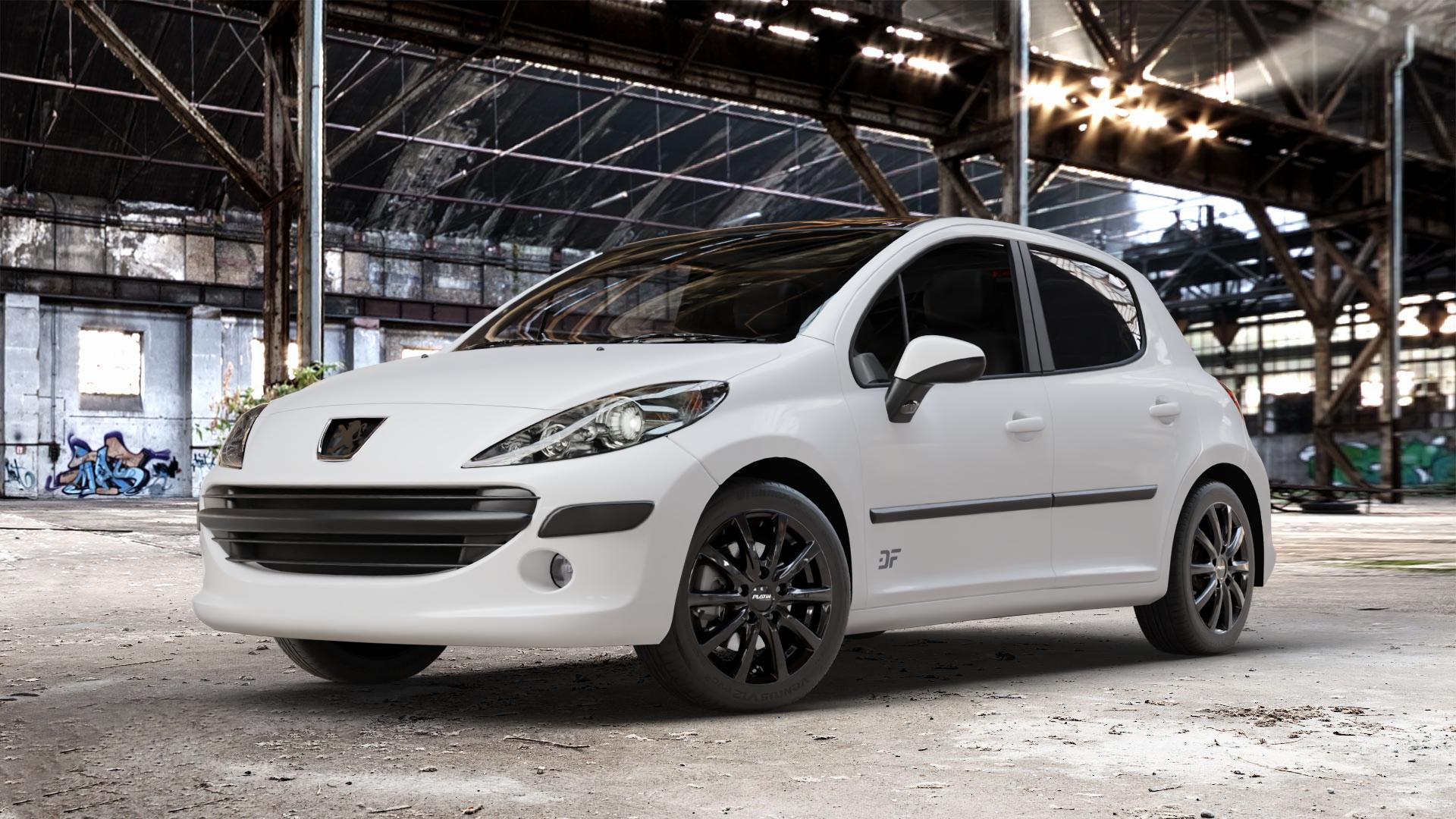 Platin Wheels P 69 black shiny Felge mit Reifen schwarz in 16Zoll Winterfelge Alufelge auf weissem Peugeot 207 SW Facelift ⬇️ mit 15mm Tieferlegung ⬇️ Old Industrial Hall_max_4400mm_2024 Frontansicht_1