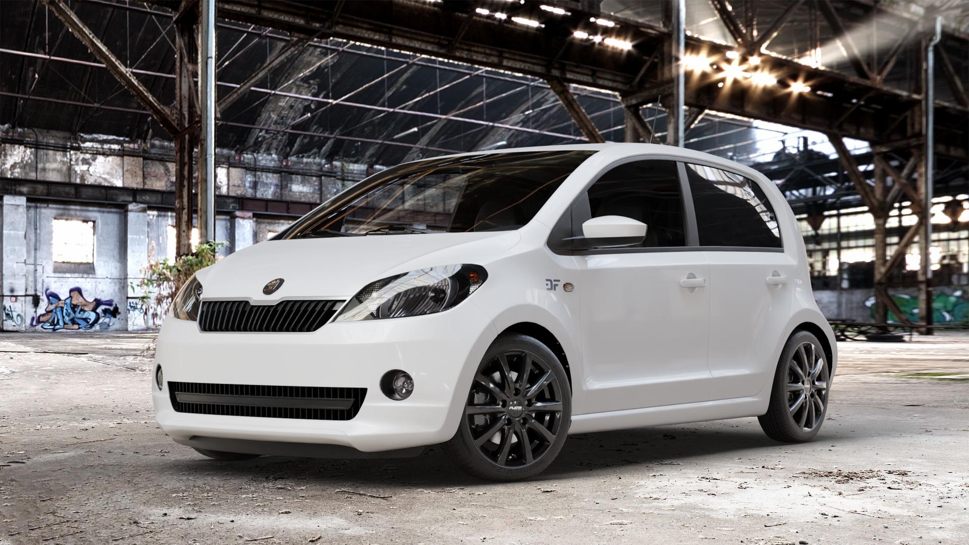 Platin Wheels P 69 black shiny Felge mit Reifen schwarz in 16Zoll Winterfelge Alufelge auf weissem Skoda Citigo Typ AA ⬇️ mit 15mm Tieferlegung ⬇️ Old Industrial Hall_max_4400mm_2024 Frontansicht_1
