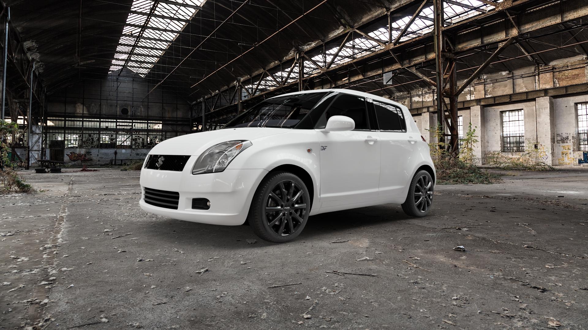 Platin Wheels P 69 black shiny Felge mit Reifen schwarz in 16Zoll Winterfelge Alufelge auf weissem Suzuki Swift IV Typ MZ EZ ⬇️ mit 15mm Tieferlegung ⬇️ Old Industrial Hall_max5000mm_2022 Frontansicht_1