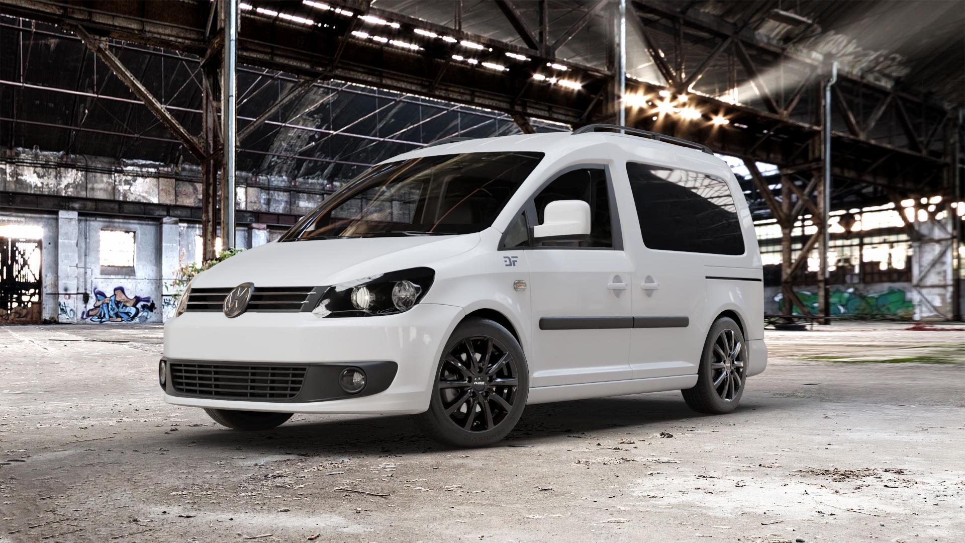 Platin Wheels P 69 black shiny Felge mit Reifen schwarz in 16Zoll Winterfelge Alufelge auf weissem Volkswagen (VW) Caddy 3 ⬇️ mit 15mm Tieferlegung ⬇️ Old Industrial Hall_max_5300mm_2024 Frontansicht_1