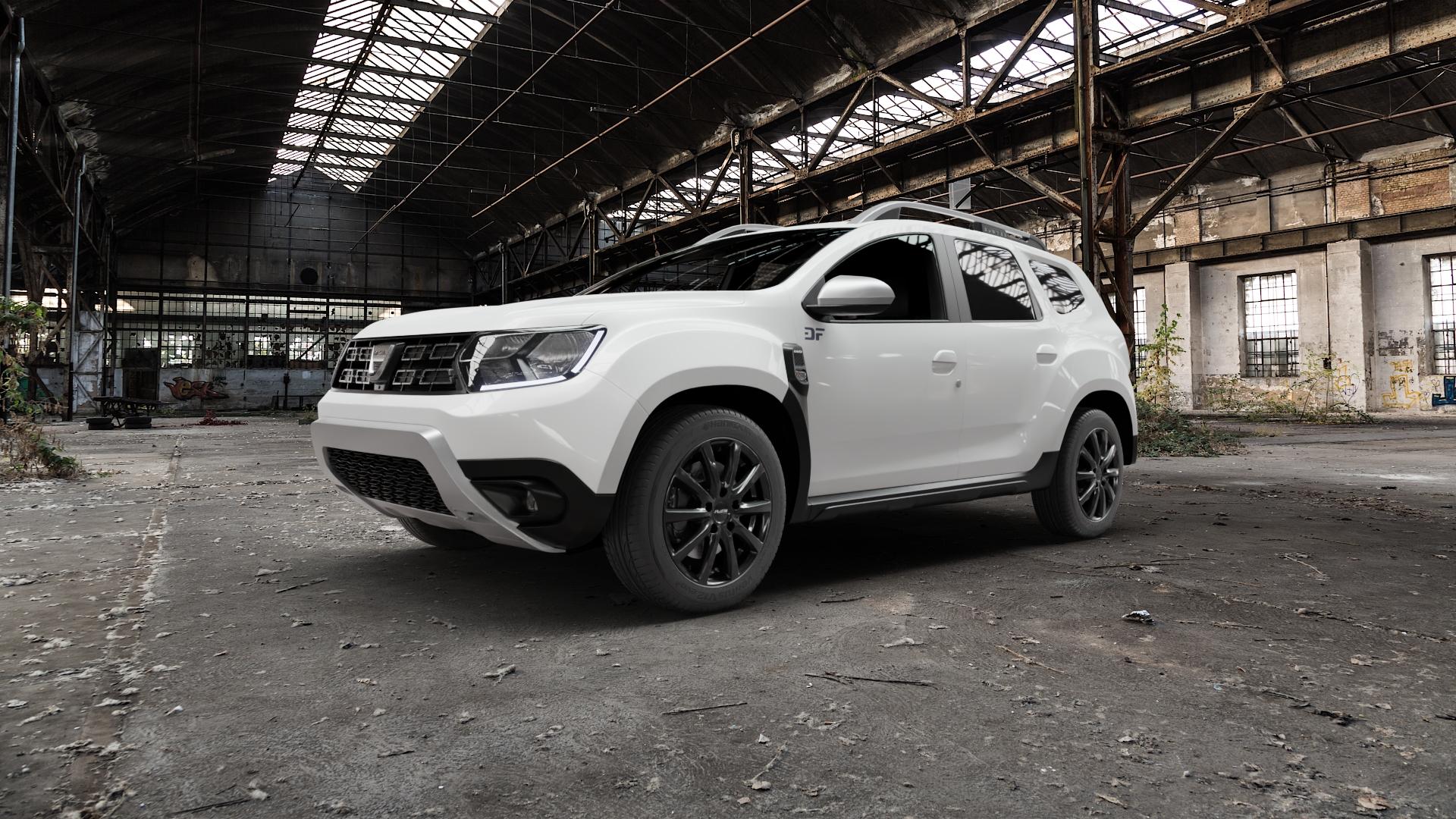 Platin Wheels P 69 black shiny Felge mit Reifen schwarz in 17Zoll Winterfelge Alufelge auf weissem Dacia Duster Typ SR ⬇️ mit 15mm Tieferlegung ⬇️ Old Industrial Hall_max5000mm_2022 Frontansicht_1