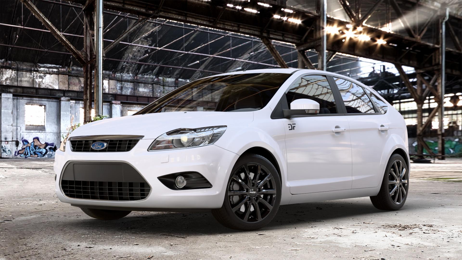 Platin Wheels P 69 black shiny Felge mit Reifen schwarz in 17Zoll Winterfelge Alufelge auf weissem Ford Focus II Typ DA3 (Schrägheck) ⬇️ mit 15mm Tieferlegung ⬇️ Old Industrial Hall_max_4400mm_2024 Frontansicht_1
