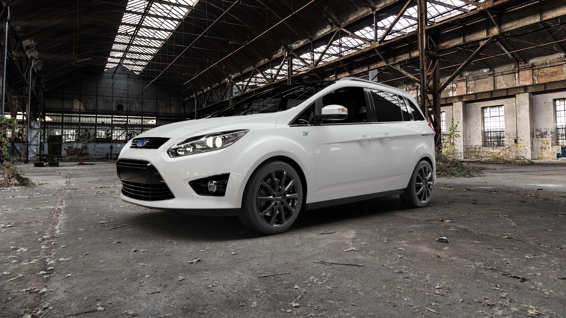 Platin Wheels P 69 black shiny Felge mit Reifen schwarz in 17Zoll Winterfelge Alufelge auf weissem Ford Grand C-Max Typ DXA (10->) ⬇️ mit 15mm Tieferlegung ⬇️ Old Industrial Hall_max5000mm_2022 Frontansicht_1