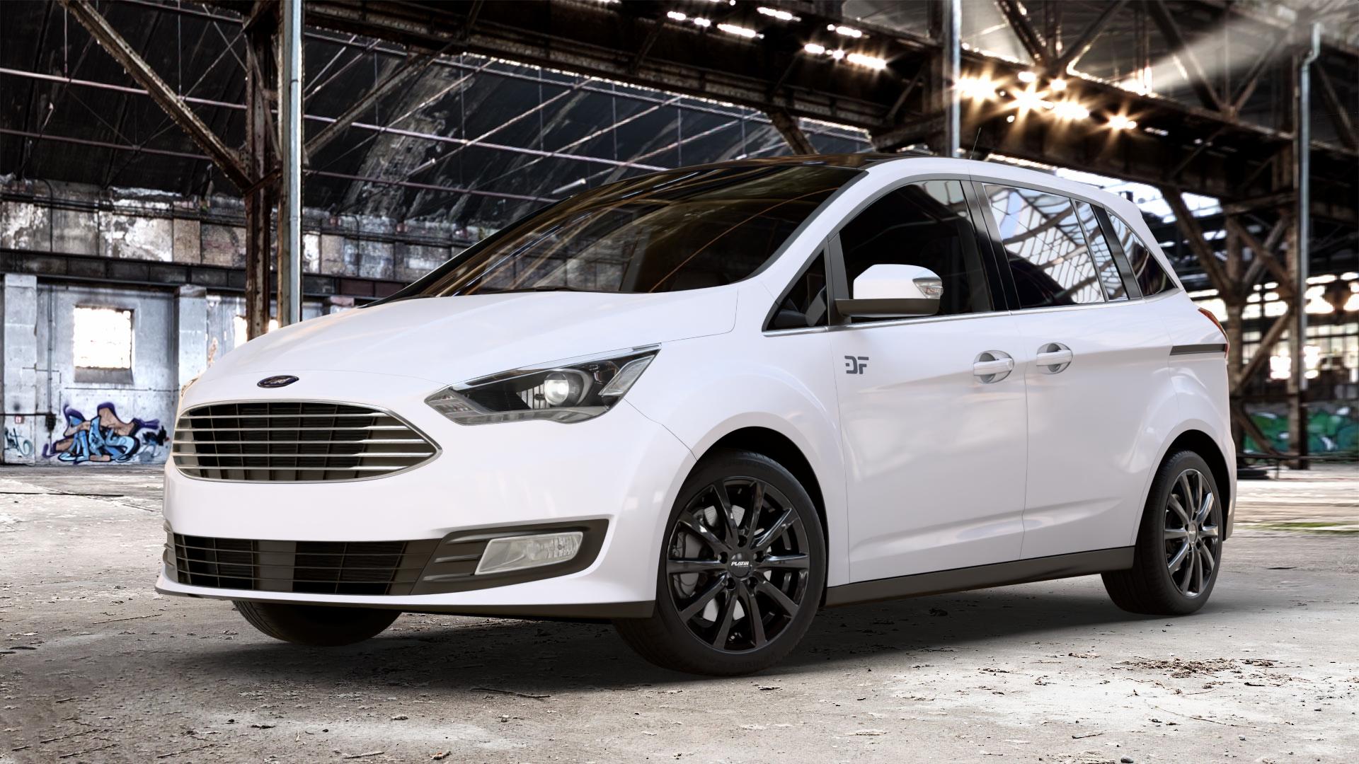 Platin Wheels P 69 black shiny Felge mit Reifen schwarz in 17Zoll Winterfelge Alufelge auf weissem Ford Grand C-Max Typ DXA Facelift (15->) ⬇️ mit 15mm Tieferlegung ⬇️ Old Industrial Hall_max_4400mm_2024 Frontansicht_1