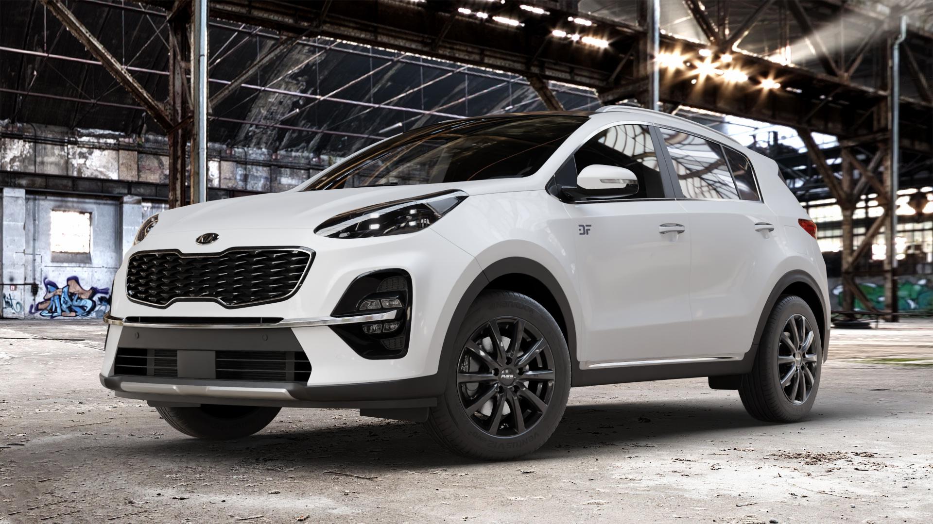 Platin Wheels P 69 black shiny Felge mit Reifen schwarz in 17Zoll Winterfelge Alufelge auf weissem Kia Sportage IV Typ QLE Facelift QL ⬇️ mit 15mm Tieferlegung ⬇️ Old Industrial Hall_max_4400mm_2024 Frontansicht_1