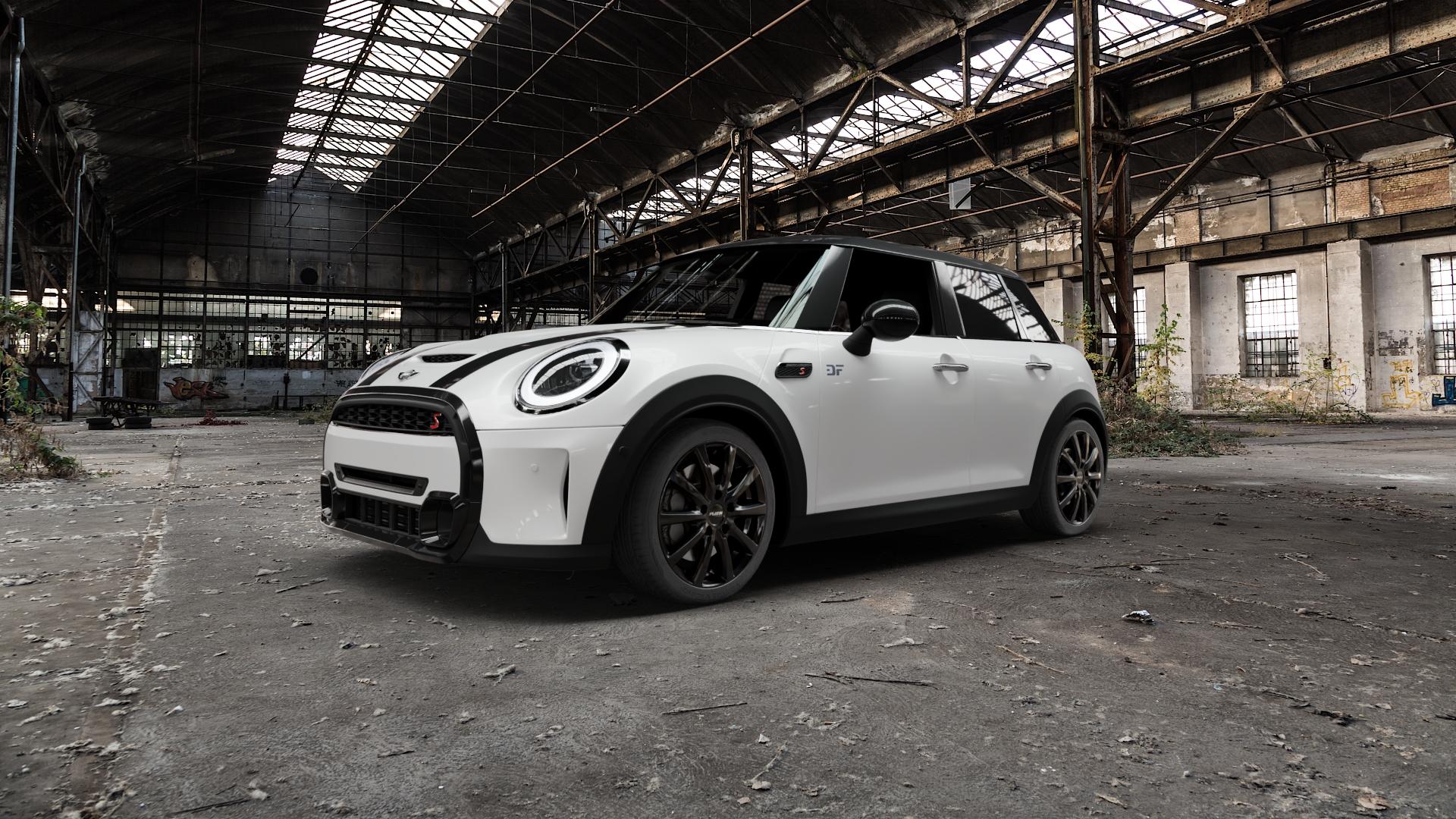 Platin Wheels P 69 black shiny Felge mit Reifen schwarz in 17Zoll Winterfelge Alufelge auf weissem Mini F55 Typ FML4 (5-Türer Limousine) Facelift 21-> ⬇️ mit 15mm Tieferlegung ⬇️ Old Industrial Hall_max5000mm_2022 Frontansicht_1