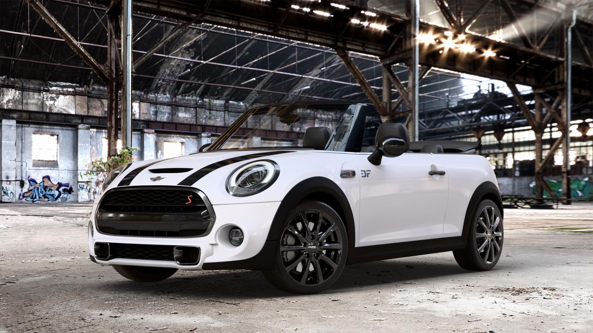 Platin Wheels P 69 black shiny Felge mit Reifen schwarz in 17Zoll Winterfelge Alufelge auf weissem Mini F57 Typ UKL-L (Cabriolet) 2,0l Cooper S 141kW (192 PS) SD 125kW (170 JCW 170kW (231 FMCA 155kW (211 120kW (163 Facelift ⬇️ mit 15mm Tieferlegung ⬇️ Old Industrial Hall_max_4400mm_2024 Frontansicht_1