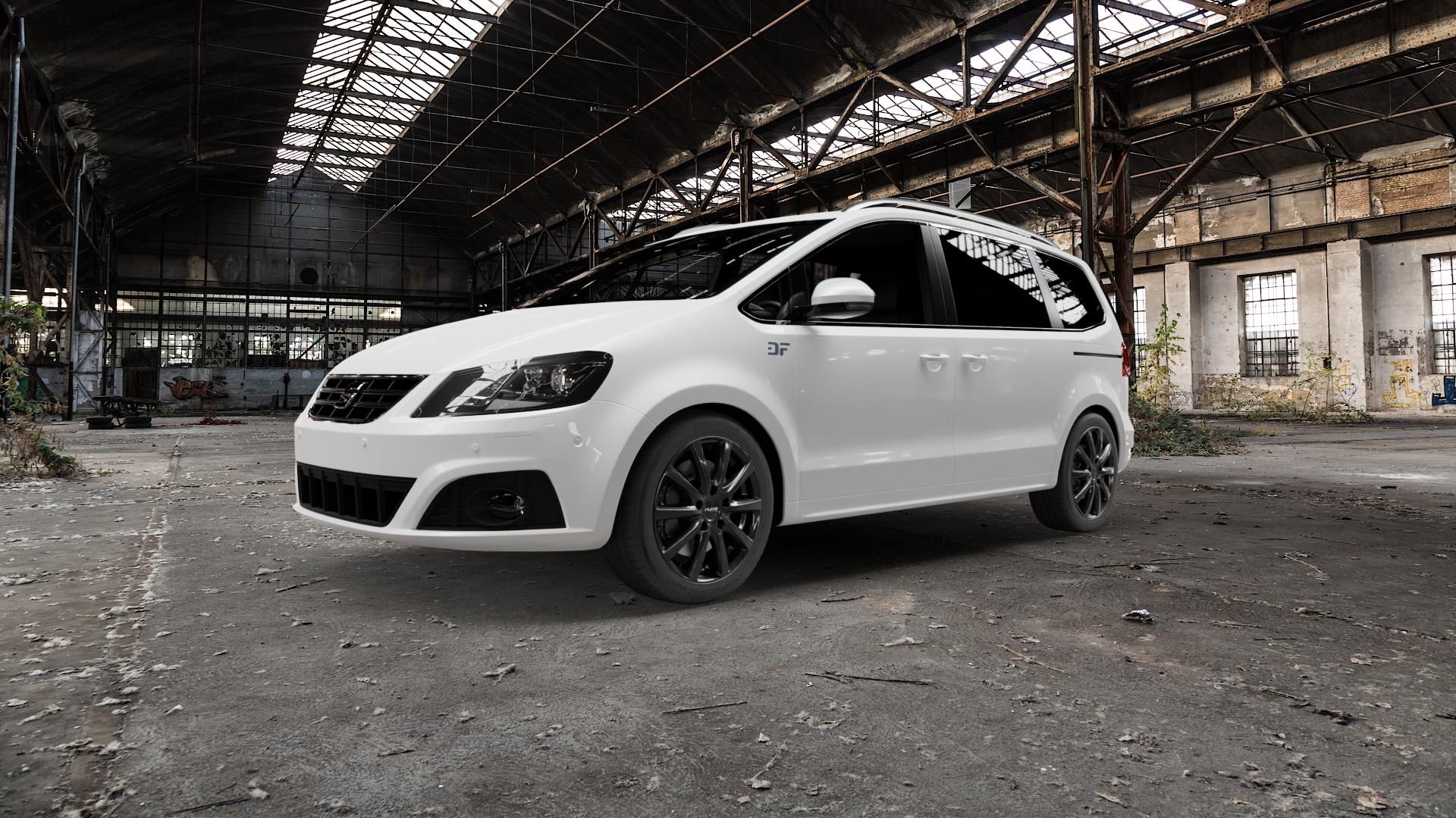 Platin Wheels P 69 black shiny Felge mit Reifen schwarz in 17Zoll Winterfelge Alufelge auf weissem Seat Alhambra II Typ 7N Facelift ⬇️ mit 15mm Tieferlegung ⬇️ Old Industrial Hall_max5000mm_2022 Frontansicht_1