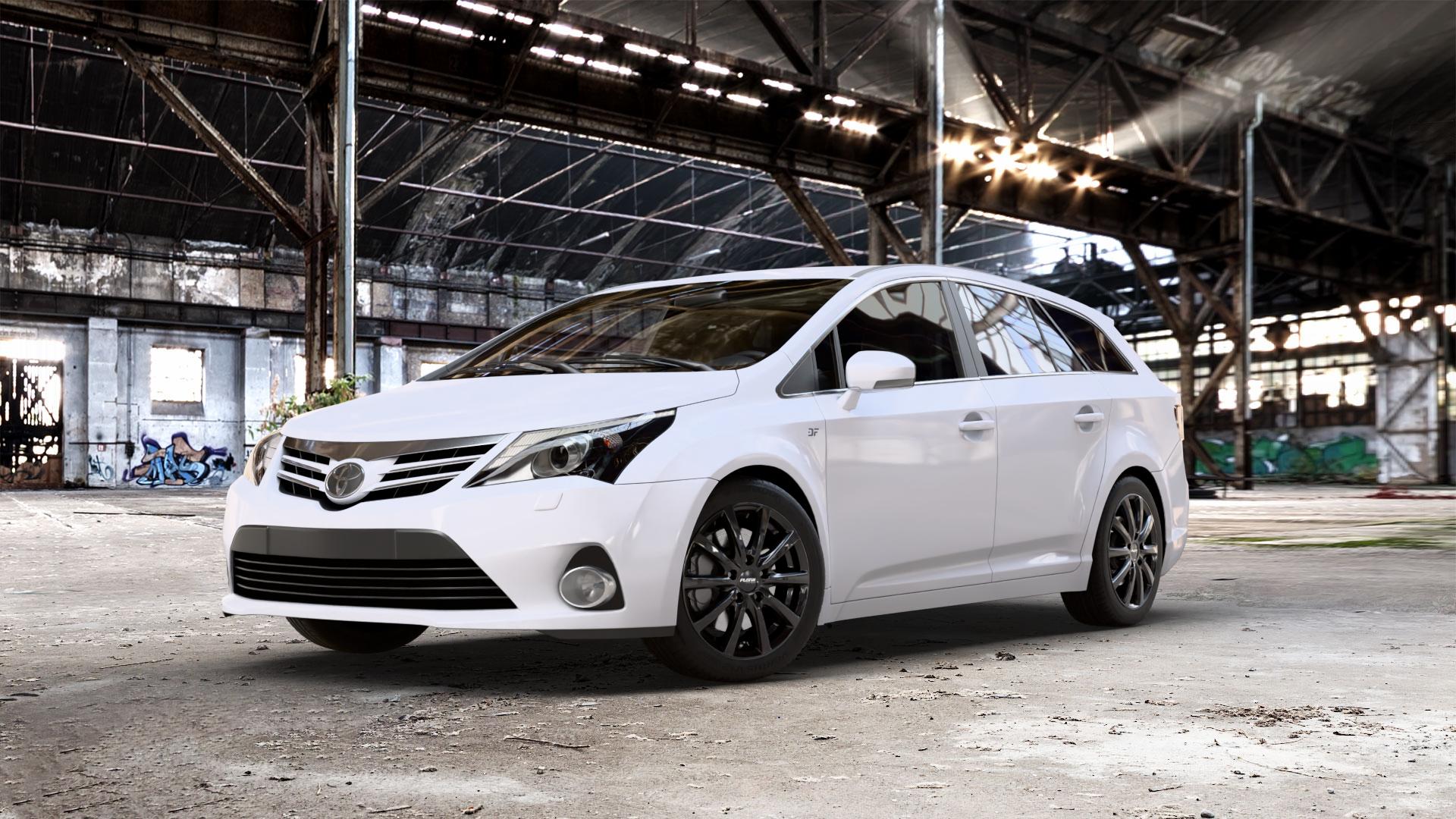 Platin Wheels P 69 black shiny Felge mit Reifen schwarz in 17Zoll Winterfelge Alufelge auf weissem Toyota Avensis Combi Typ T27 Facelift 12-> ⬇️ mit 15mm Tieferlegung ⬇️ Old Industrial Hall_max_5300mm_2024 Frontansicht_1
