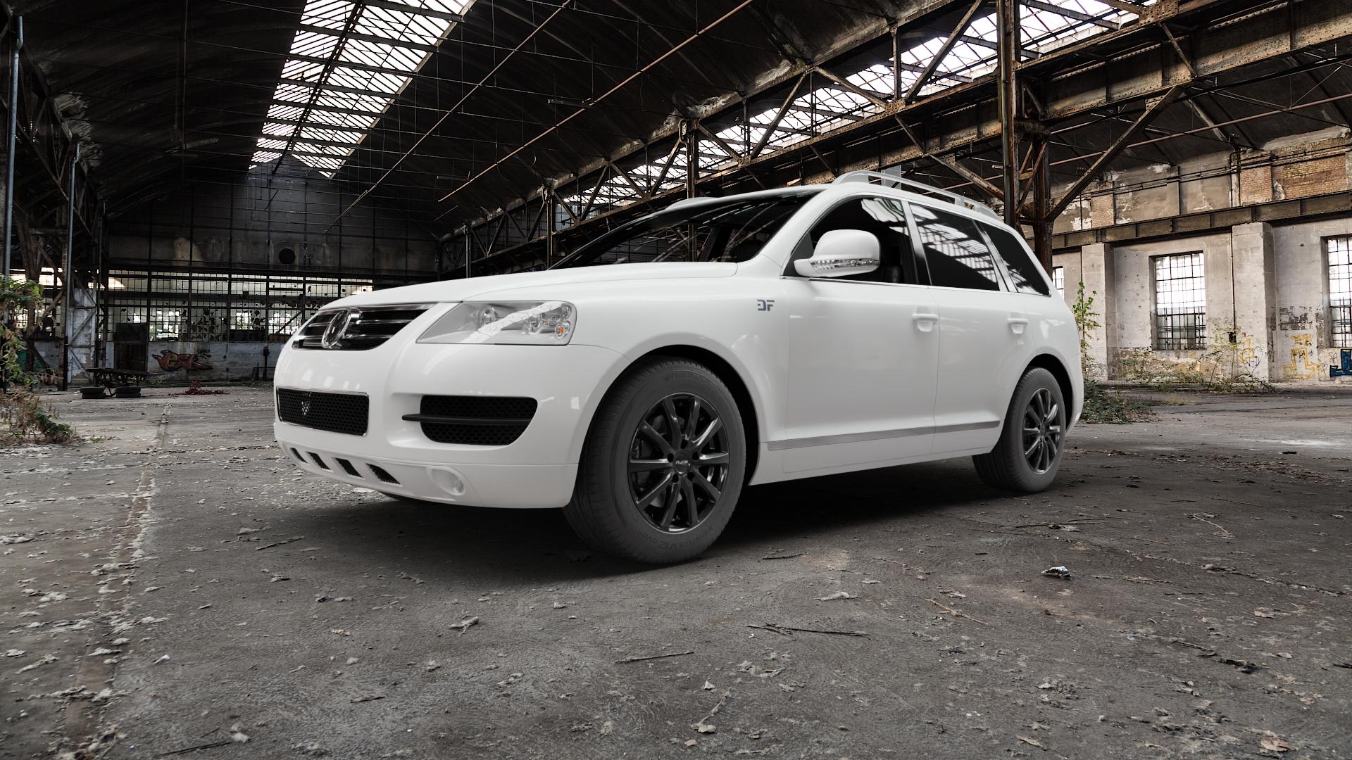 Platin Wheels P 69 black shiny Felge mit Reifen schwarz in 17Zoll Winterfelge Alufelge auf weissem Volkswagen (VW) Touareg I Typ 7L ⬇️ mit 15mm Tieferlegung ⬇️ Old Industrial Hall_max5000mm_2022 Frontansicht_1