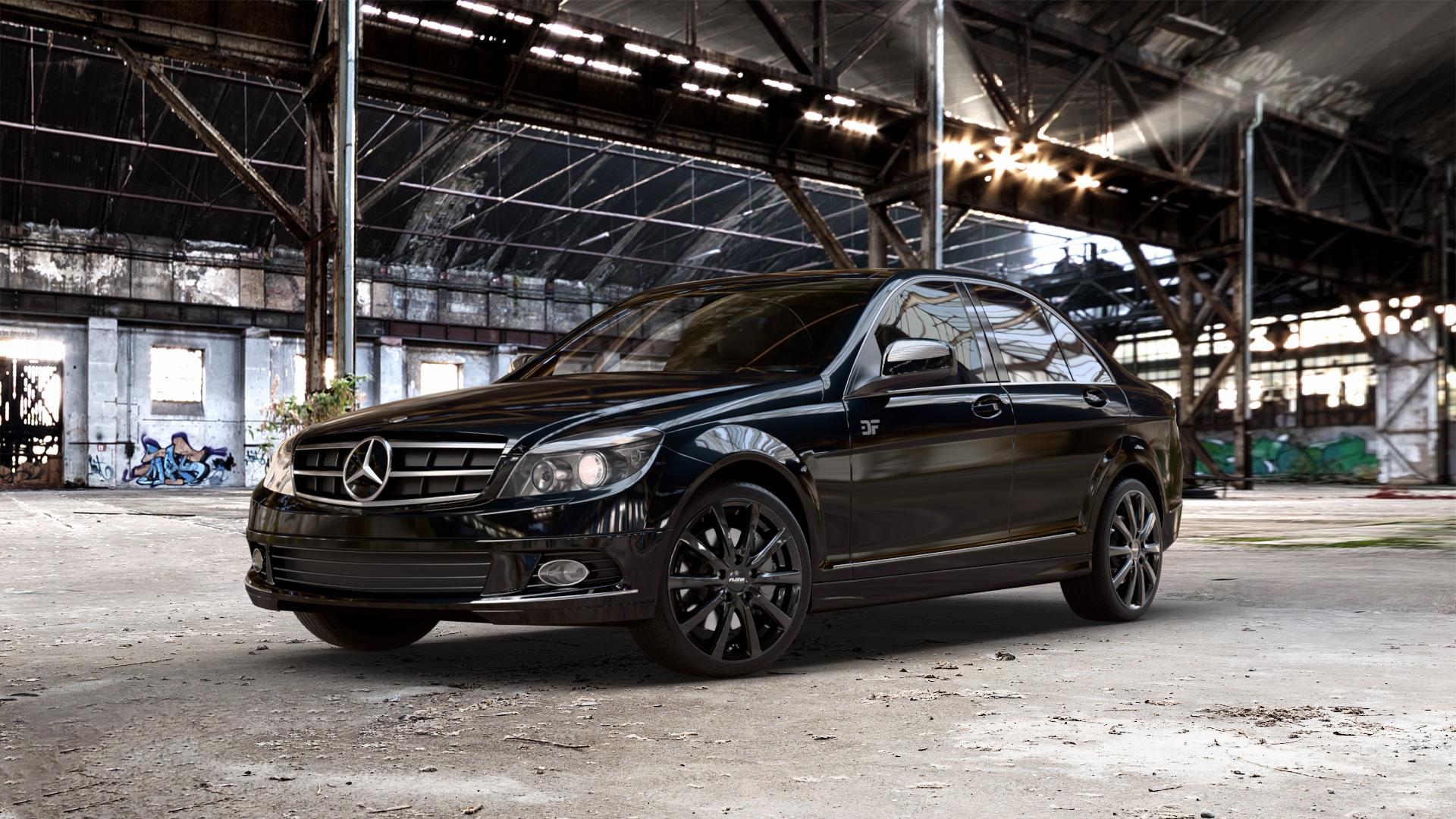 Platin Wheels P 69 black shiny Felge mit Reifen schwarz in 18Zoll Winterfelge Alufelge auf schwarzem metallic Mercedes C-Klasse Typ W204 Limousine ⬇️ mit 15mm Tieferlegung ⬇️ Old Industrial Hall_max_5300mm_2024 Frontansicht_1