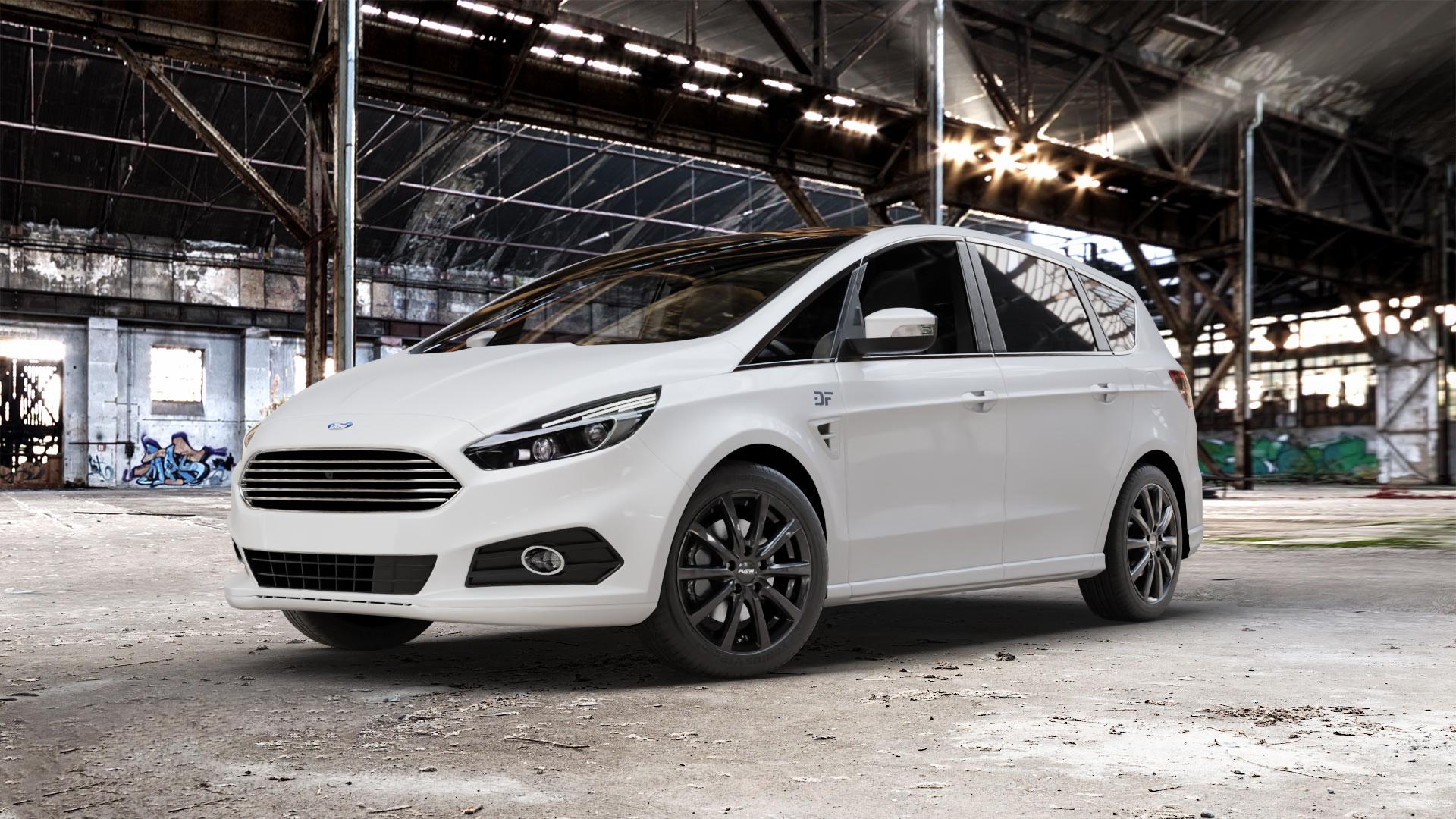 Platin Wheels P 69 black shiny Felge mit Reifen schwarz in 18Zoll Winterfelge Alufelge auf weissem Ford S-Max Typ WA6 Facelift (15->) ⬇️ mit 15mm Tieferlegung ⬇️ Old Industrial Hall_max_5300mm_2024 Frontansicht_1