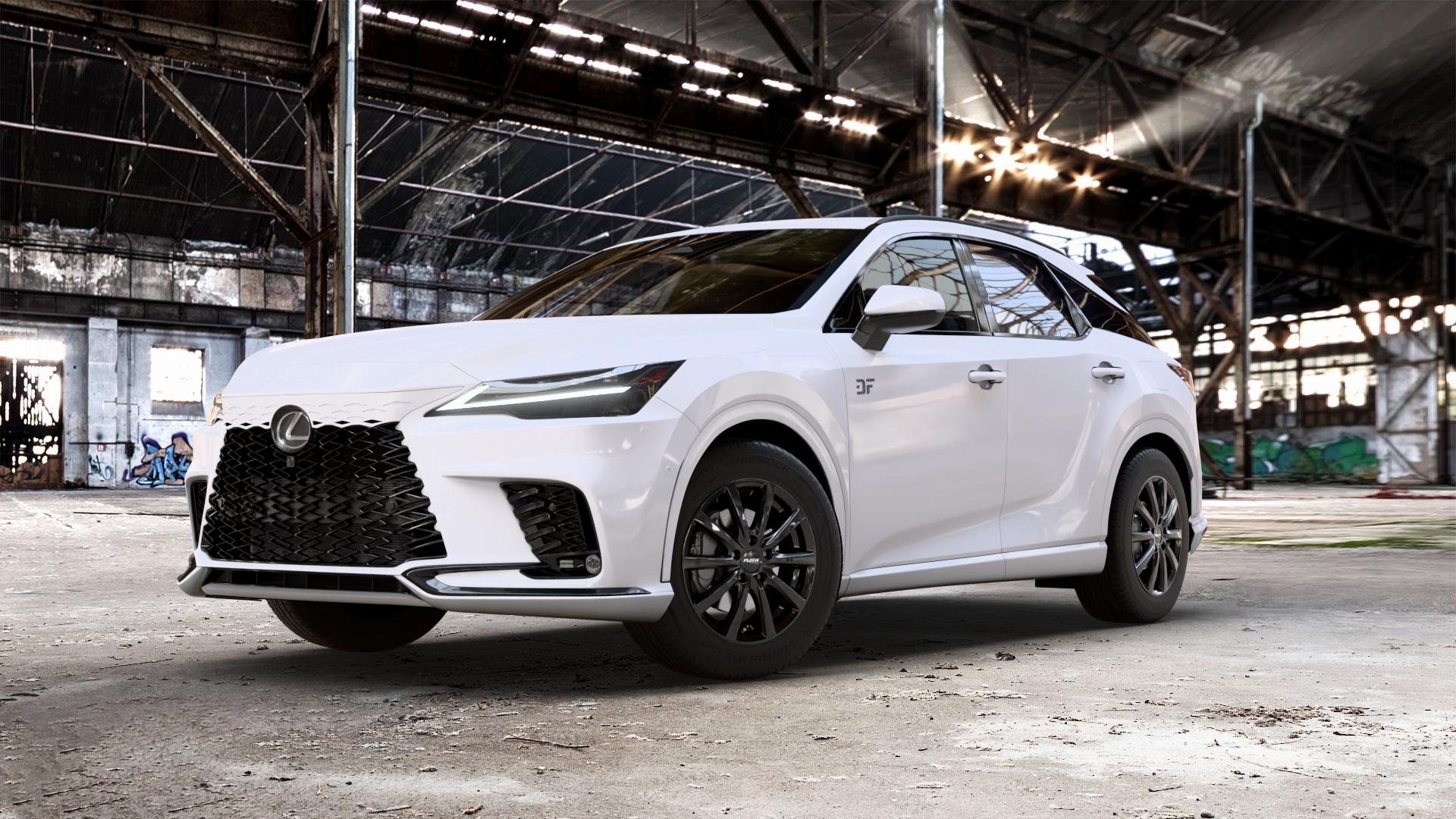 Platin Wheels P 69 black shiny Felge mit Reifen schwarz in 18Zoll Winterfelge Alufelge auf weissem Lexus RX V Typ AL3(M) 2,5l 140kW RX350H AWD (190 PS) 136kW RX450H+ (185 2,4l 200kW RX500H (272 AL3(M)-TGRE ⬇️ mit 15mm Tieferlegung ⬇️ Old Industrial Hall_max_5300mm_2024 Frontansicht_1