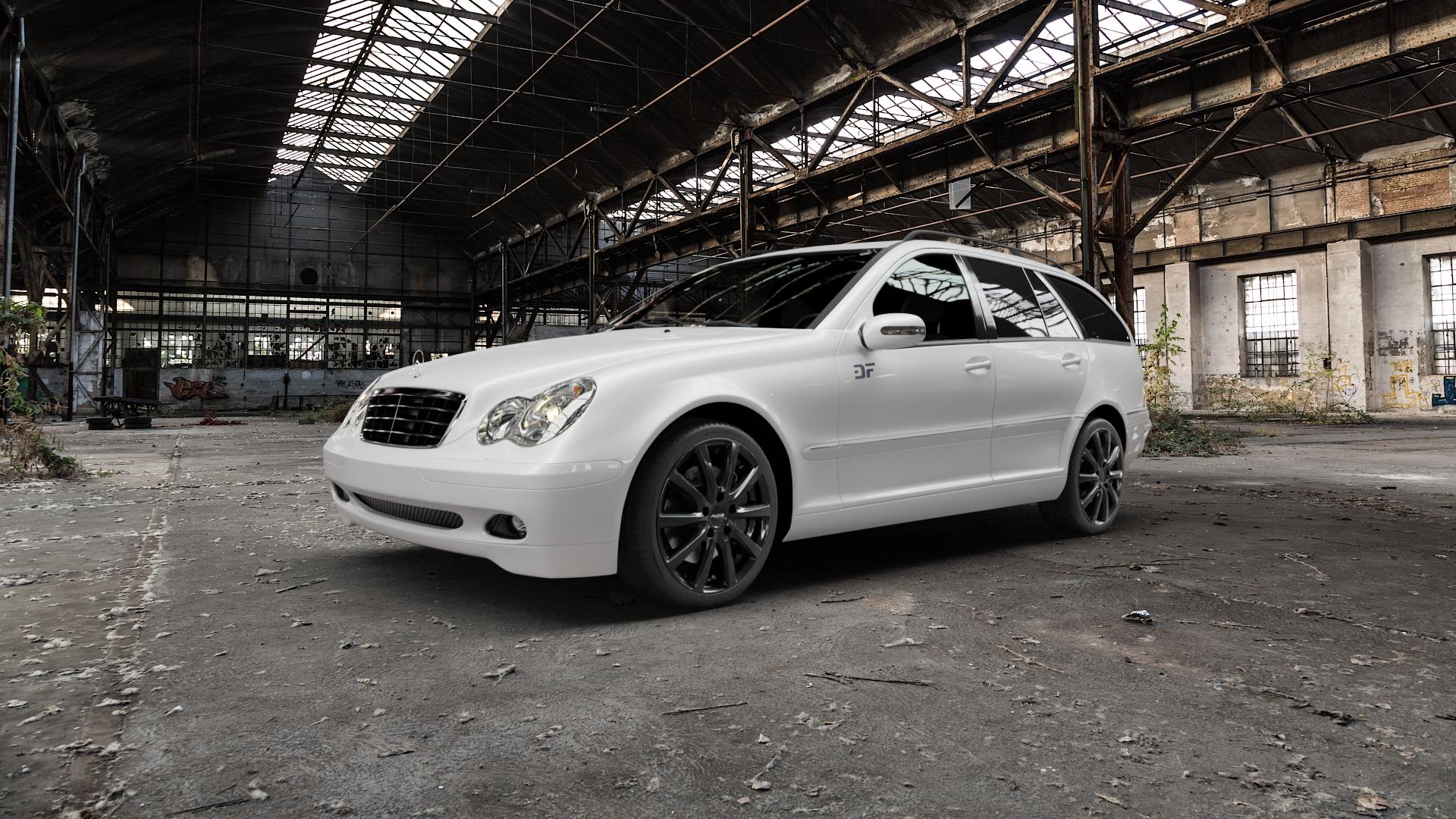 Platin Wheels P 69 black shiny Felge mit Reifen schwarz in 18Zoll Winterfelge Alufelge auf weissem Mercedes C-Klasse Typ S203 Kombi ⬇️ mit 15mm Tieferlegung ⬇️ Old Industrial Hall_max5000mm_2022 Frontansicht_1