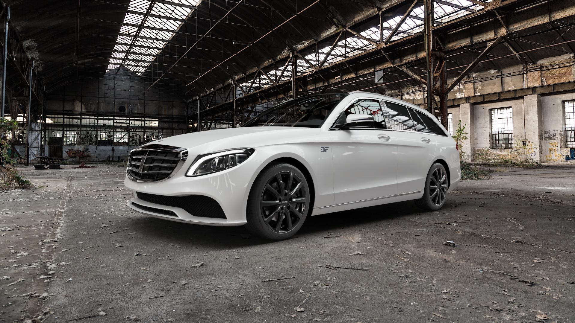 Platin Wheels P 69 black shiny Felge mit Reifen schwarz in 18Zoll Winterfelge Alufelge auf weissem Mercedes C-Klasse Typ S205 Kombi Facelift ⬇️ mit 15mm Tieferlegung ⬇️ Old Industrial Hall_max5000mm_2022 Frontansicht_1