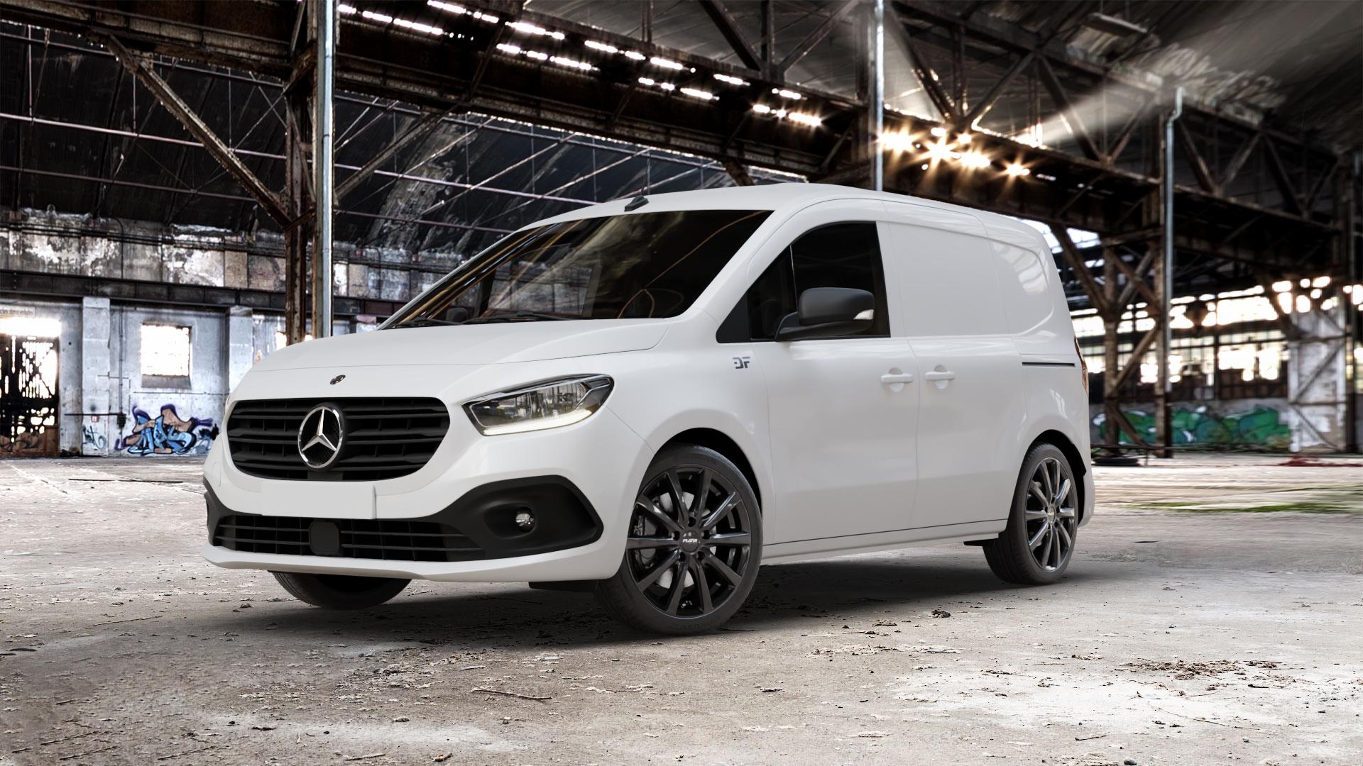 Platin Wheels P 69 black shiny Felge mit Reifen schwarz in 18Zoll Winterfelge Alufelge auf weissem Mercedes Citan Kasten Typ W420 ⬇️ mit 15mm Tieferlegung ⬇️ Old Industrial Hall_max_5300mm_2024 Frontansicht_1