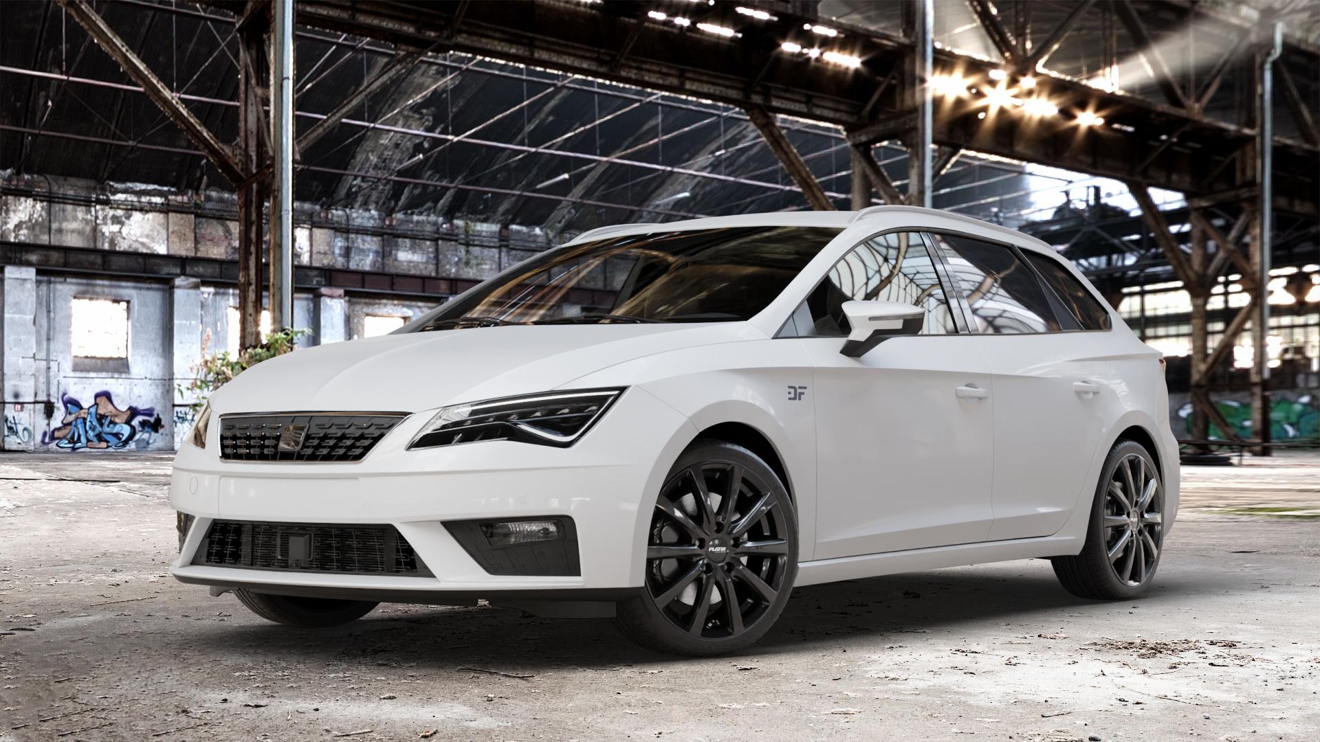 Platin Wheels P 69 black shiny Felge mit Reifen schwarz in 18Zoll Winterfelge Alufelge auf weissem Seat Leon Typ 5F ST Facelift ⬇️ mit 15mm Tieferlegung ⬇️ Old Industrial Hall_max_4400mm_2024 Frontansicht_1