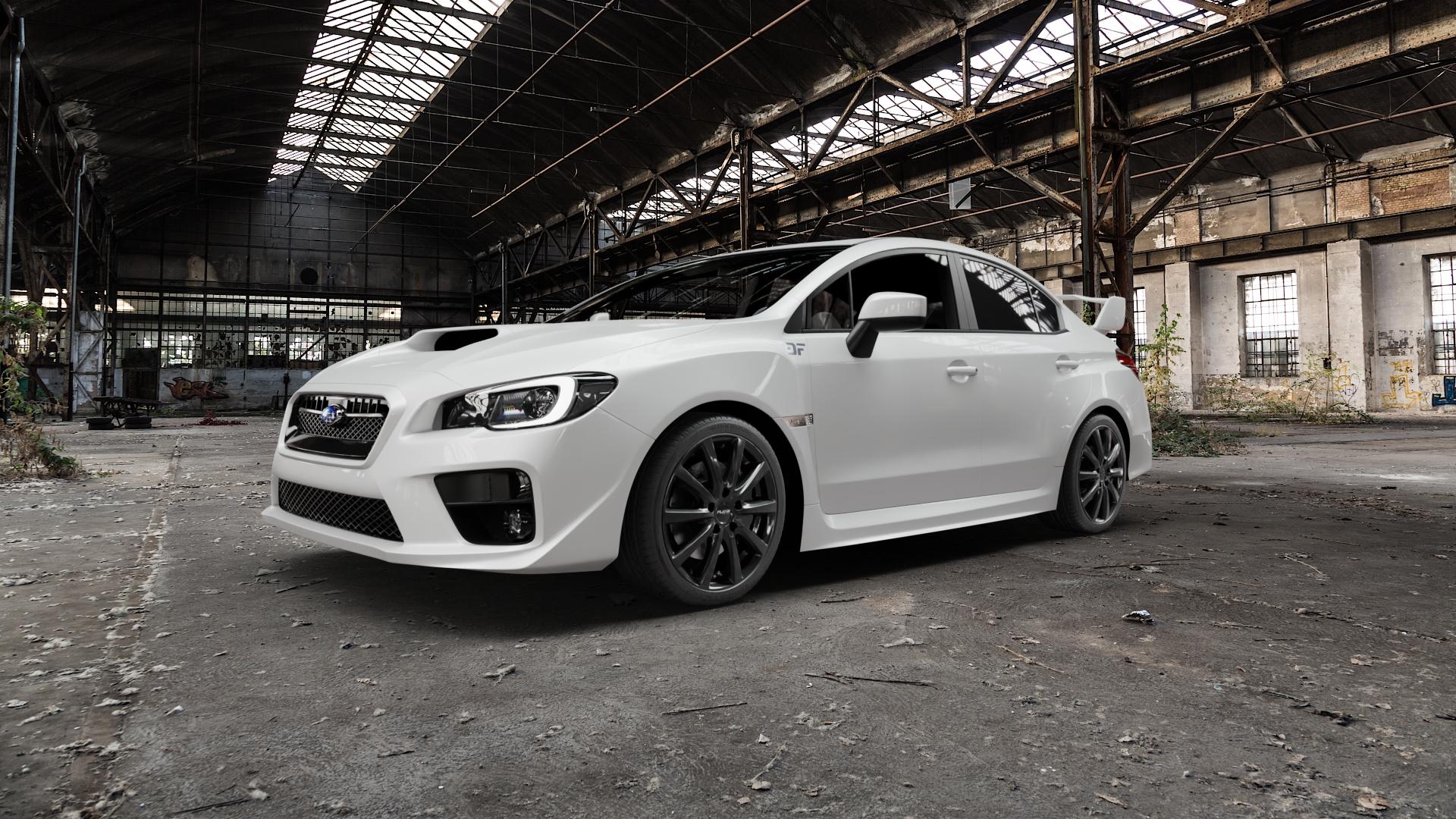 Platin Wheels P 69 black shiny Felge mit Reifen schwarz in 18Zoll Winterfelge Alufelge auf weissem Subaru WRX Typ V1 2,5l STI AWD 221kW (300 PS) ⬇️ mit 15mm Tieferlegung ⬇️ Old Industrial Hall_max5000mm_2022 Frontansicht_1