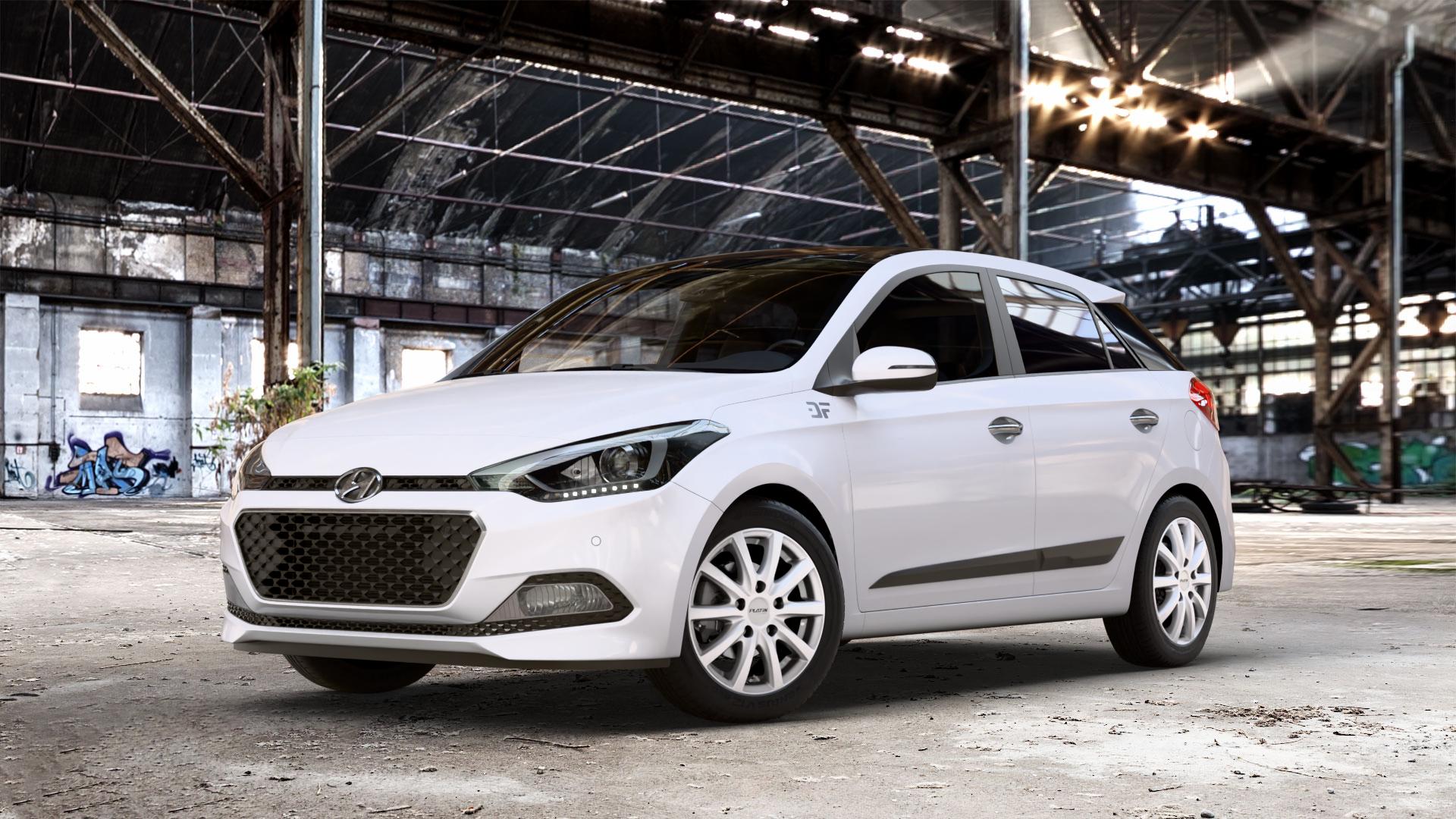 Platin Wheels P 69 bright silver Felge mit Reifen silber in 15Zoll Winterfelge Alufelge auf weissem Hyundai i20 Typ GB Coupe Facelift ⬇️ mit 15mm Tieferlegung ⬇️ Old Industrial Hall_max_4400mm_2024 Frontansicht_1