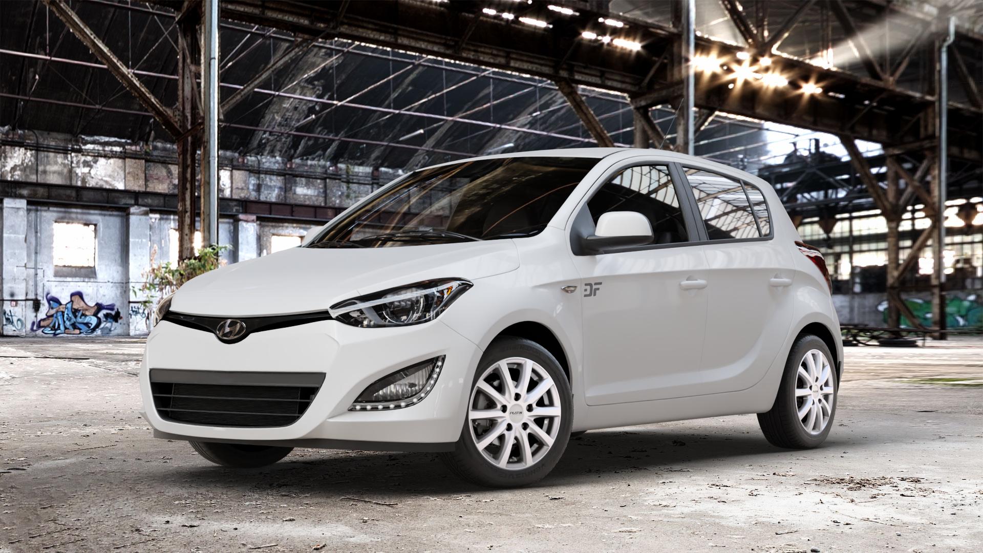 Platin Wheels P 69 bright silver Felge mit Reifen silber in 15Zoll Winterfelge Alufelge auf weissem Hyundai i20 Typ PB, PBT Facelift (12->) ⬇️ mit 15mm Tieferlegung ⬇️ Old Industrial Hall_max_4400mm_2024 Frontansicht_1