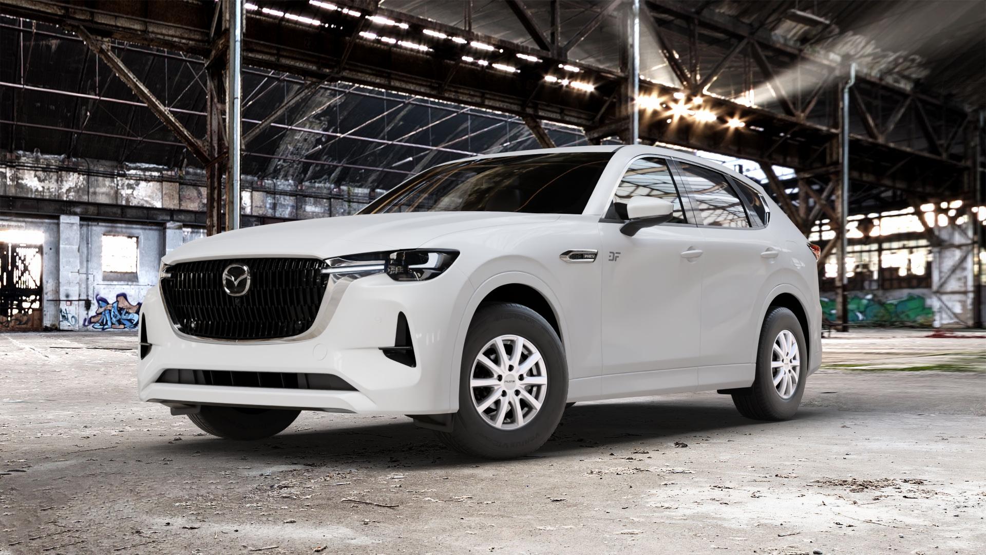 Platin Wheels P 69 bright silver Felge mit Reifen silber in 15Zoll Winterfelge Alufelge auf weissem Mazda CX-60 Typ KH01 ⬇️ mit 15mm Tieferlegung ⬇️ Old Industrial Hall_max_5300mm_2024 Frontansicht_1