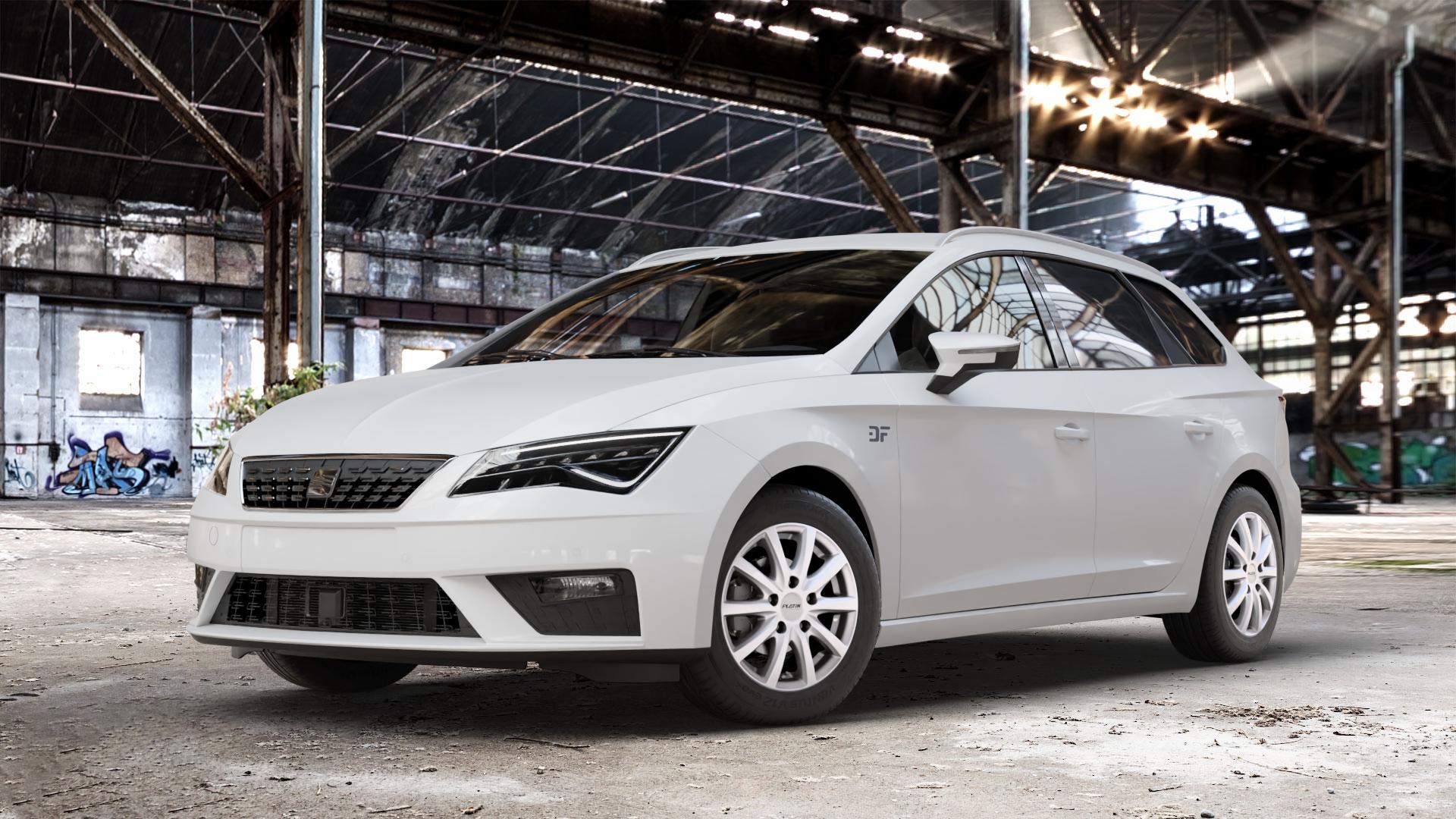 Platin Wheels P 69 bright silver Felge mit Reifen silber in 15Zoll Winterfelge Alufelge auf weissem Seat Leon Typ 5F ST Facelift ⬇️ mit 15mm Tieferlegung ⬇️ Old Industrial Hall_max_4400mm_2024 Frontansicht_1