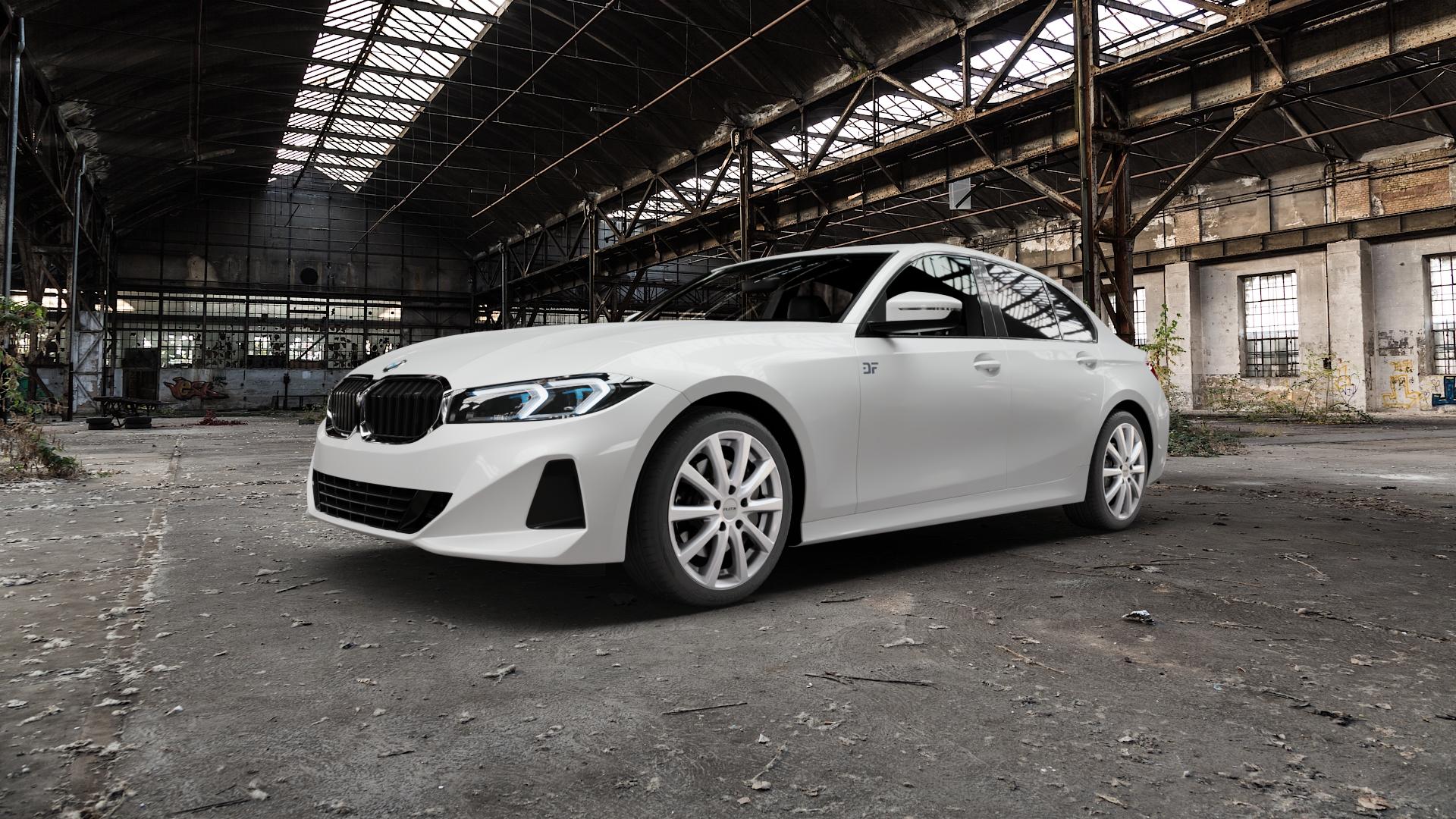 Platin Wheels P 69 bright silver Felge mit Reifen silber in 18Zoll Winterfelge Alufelge auf weissem BMW 3er G20 Limousine (G3L) Facelift ⬇️ mit 15mm Tieferlegung ⬇️ Old Industrial Hall_max5000mm_2022 Frontansicht_1
