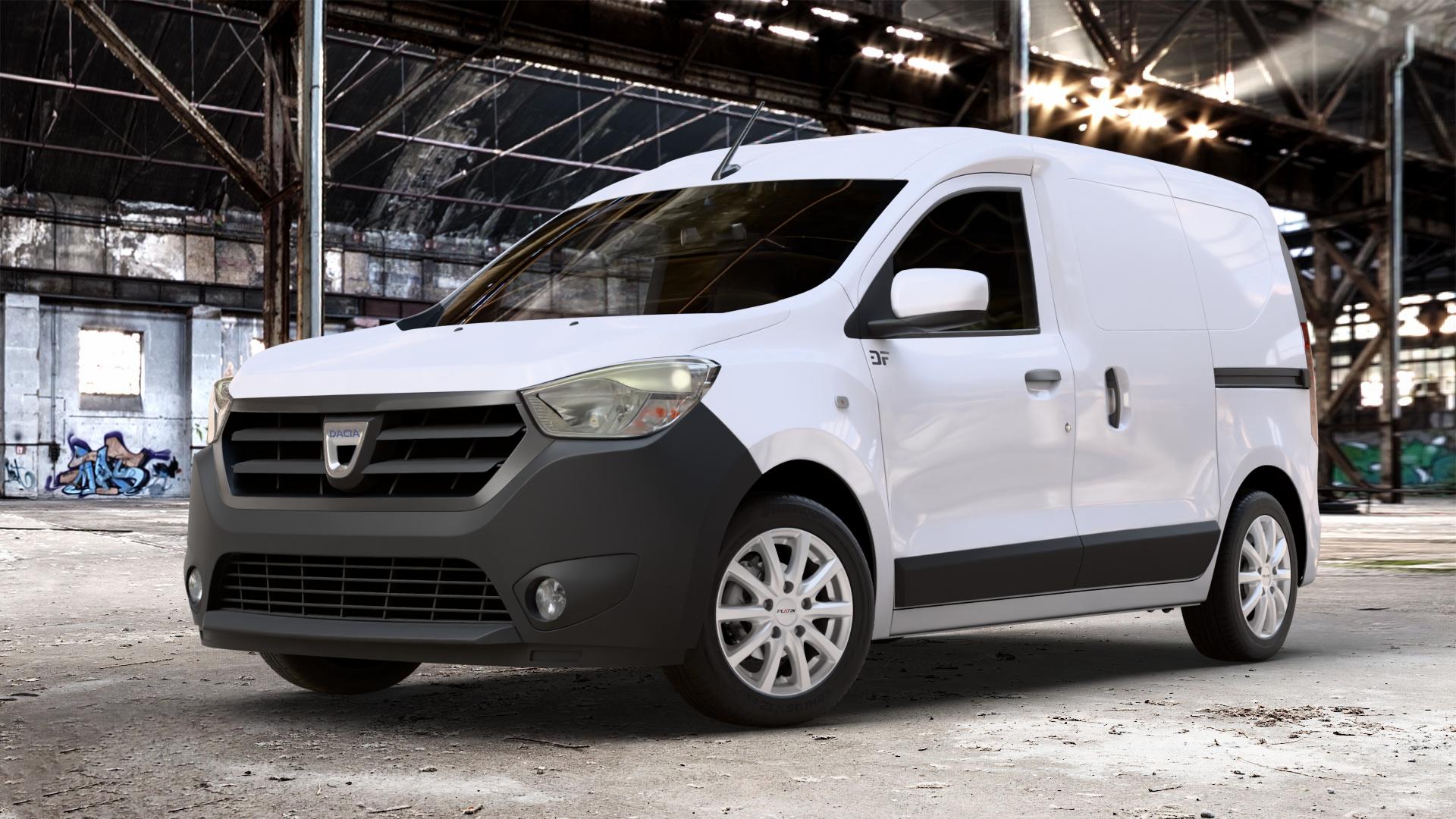 Platin Wheels P 69 polarsilber Felge mit Reifen in 15Zoll Winterfelge Alufelge auf weissem Dacia Dokker Express Typ SD 1,2l 16V 84kW (114 PS) 1,5l dCi 55kW (75 66kW (90 1,6l MPI 61kW (83 LPG ⬇️ mit 15mm Tieferlegung ⬇️ Old Industrial Hall_max_4400mm_2024 Frontansicht_1