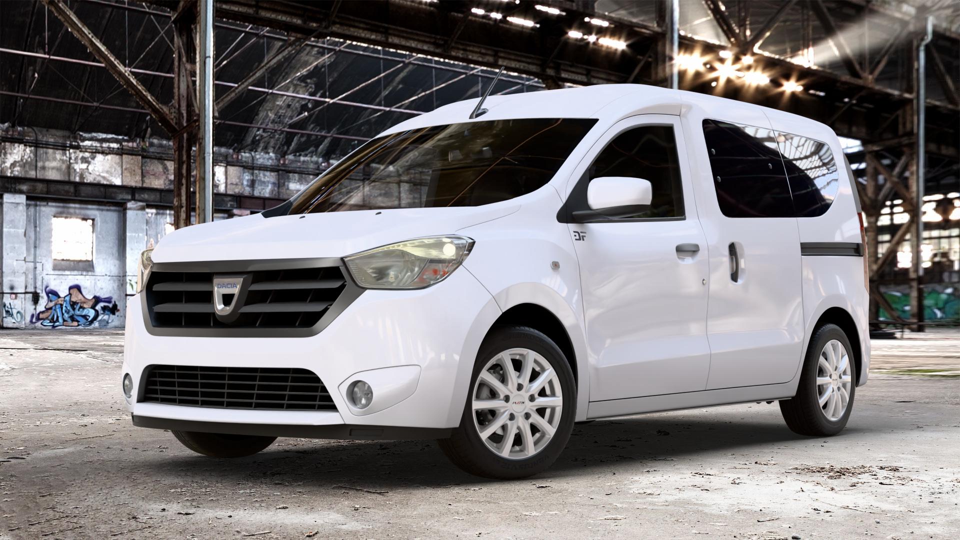 Platin Wheels P 69 polarsilber Felge mit Reifen in 15Zoll Winterfelge Alufelge auf weissem Dacia Dokker Typ SD 1,2l 16V 115 85kW (116 PS) 1,5l dCi 75 55kW (75 90 66kW (90 1,6l MPI 85 61kW (83 LPG Facelift ⬇️ mit 15mm Tieferlegung ⬇️ Old Industrial Hall_max_4400mm_2024 Frontansicht_1