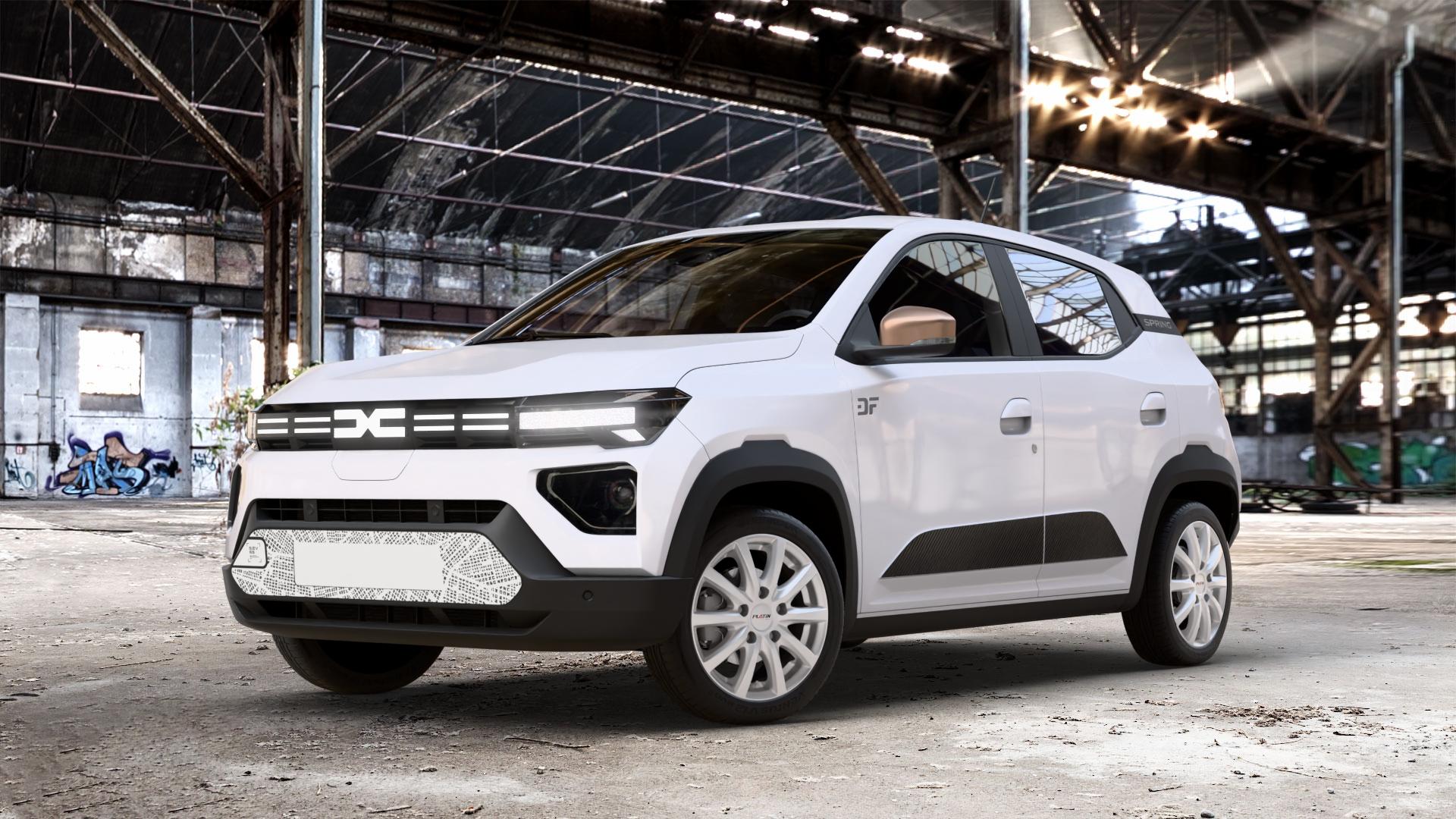 Platin Wheels P 69 polarsilber Felge mit Reifen in 15Zoll Winterfelge Alufelge auf weissem Dacia Spring ⬇️ mit 15mm Tieferlegung ⬇️ Old Industrial Hall_max_4400mm_2024 Frontansicht_1