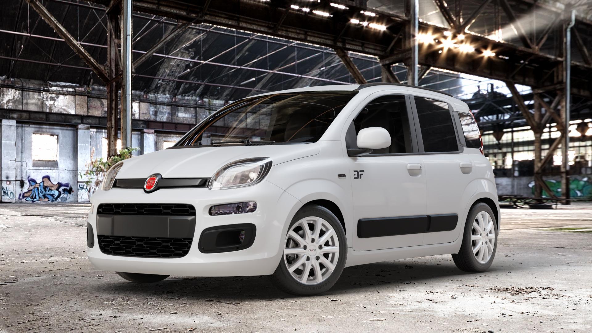 Platin Wheels P 69 polarsilber Felge mit Reifen in 15Zoll Winterfelge Alufelge auf weissem Fiat Panda Typ 312 4x4 ⬇️ mit 15mm Tieferlegung ⬇️ Old Industrial Hall_max_4400mm_2024 Frontansicht_1
