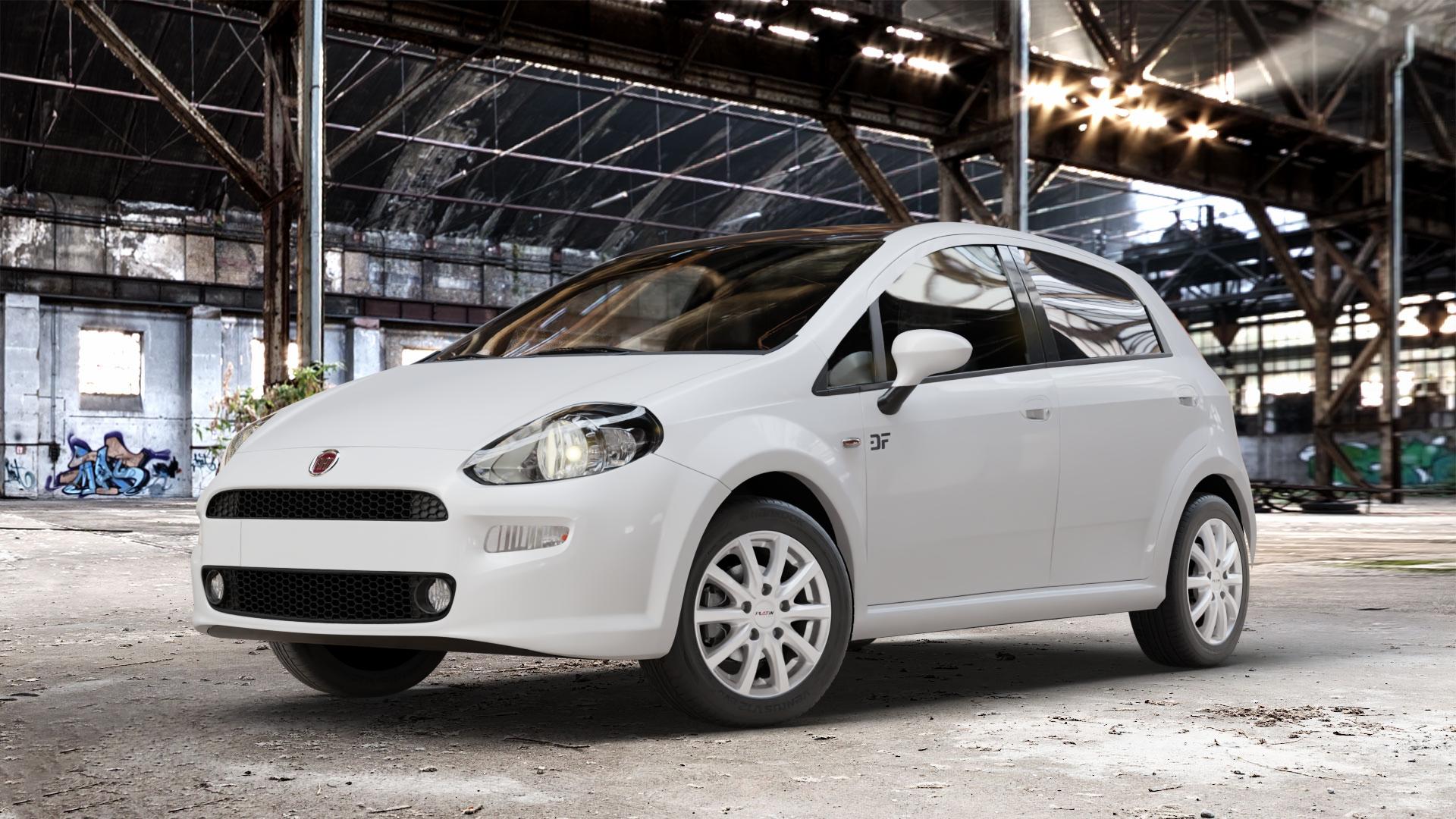 Platin Wheels P 69 polarsilber Felge mit Reifen in 15Zoll Winterfelge Alufelge auf weissem Fiat Punto / Grande Typ 199 (12->) ⬇️ mit 15mm Tieferlegung ⬇️ Old Industrial Hall_max_4400mm_2024 Frontansicht_1