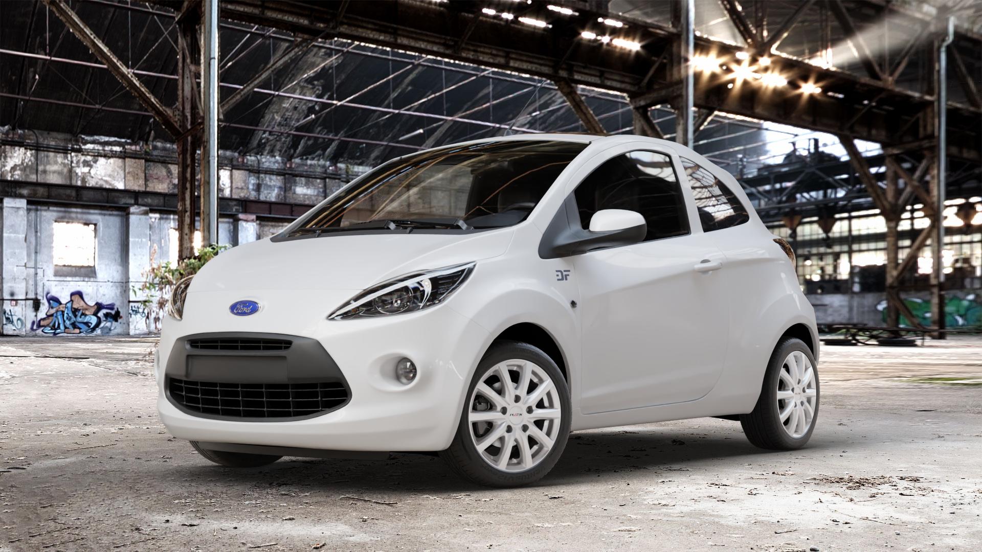 Platin Wheels P 69 polarsilber Felge mit Reifen in 15Zoll Winterfelge Alufelge auf weissem Ford KA Typ RU8 ⬇️ mit 15mm Tieferlegung ⬇️ Old Industrial Hall_max_4400mm_2024 Frontansicht_1