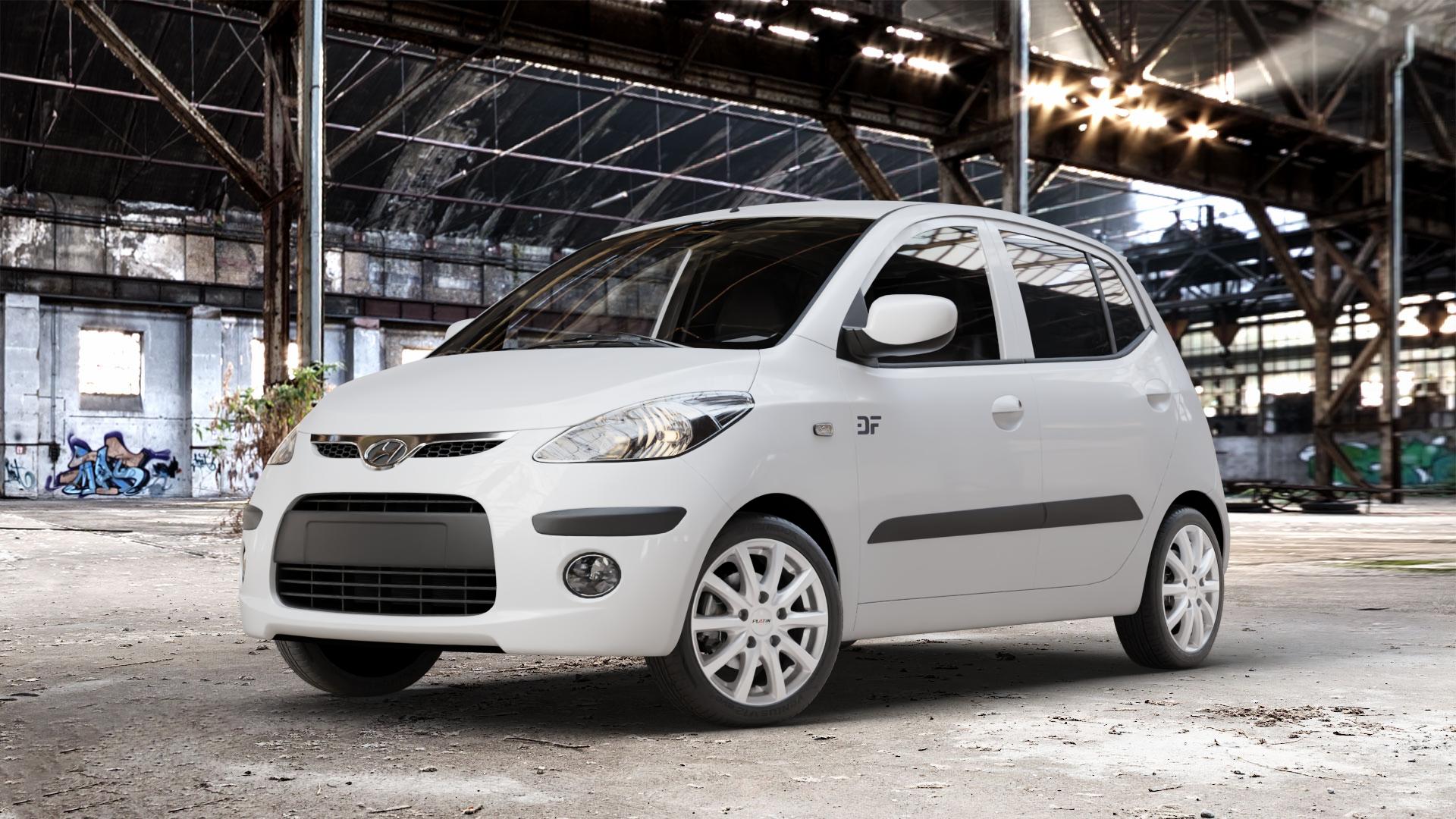 Platin Wheels P 69 polarsilber Felge mit Reifen in 15Zoll Winterfelge Alufelge auf weissem Hyundai i10 Typ PA ⬇️ mit 15mm Tieferlegung ⬇️ Old Industrial Hall_max_4400mm_2024 Frontansicht_1